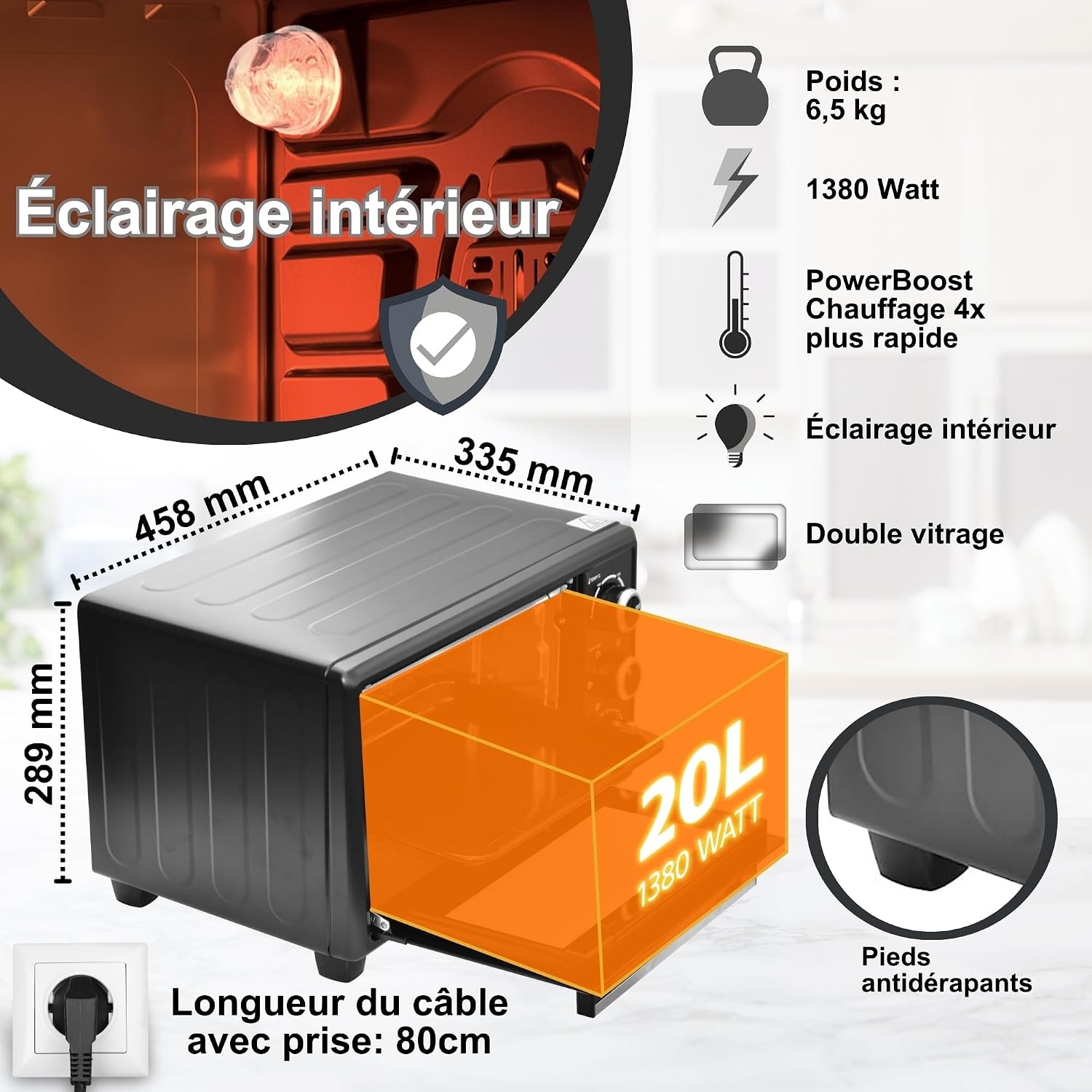 Mini-four 20 L chaleur tournante - 1380 W - Noir - 34% de remise