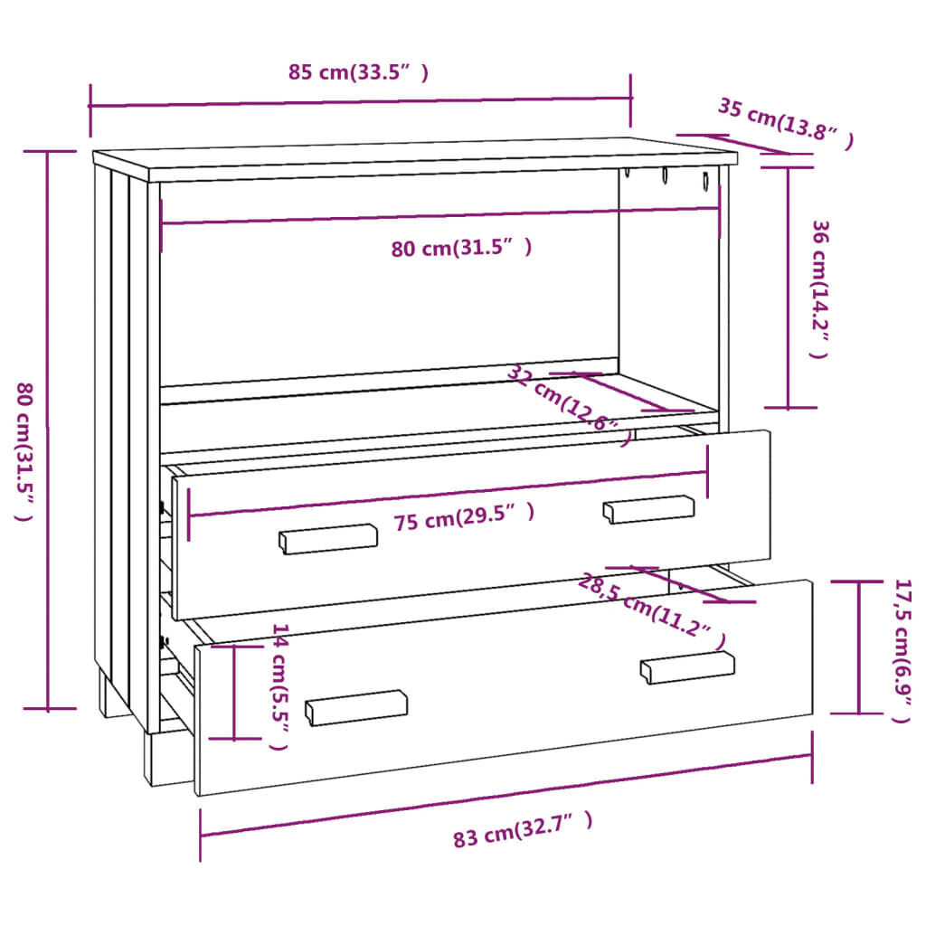 Vidaxl Buffet HAMAR en bois massif brun miel - 85x35x80 cm - 49% de remise