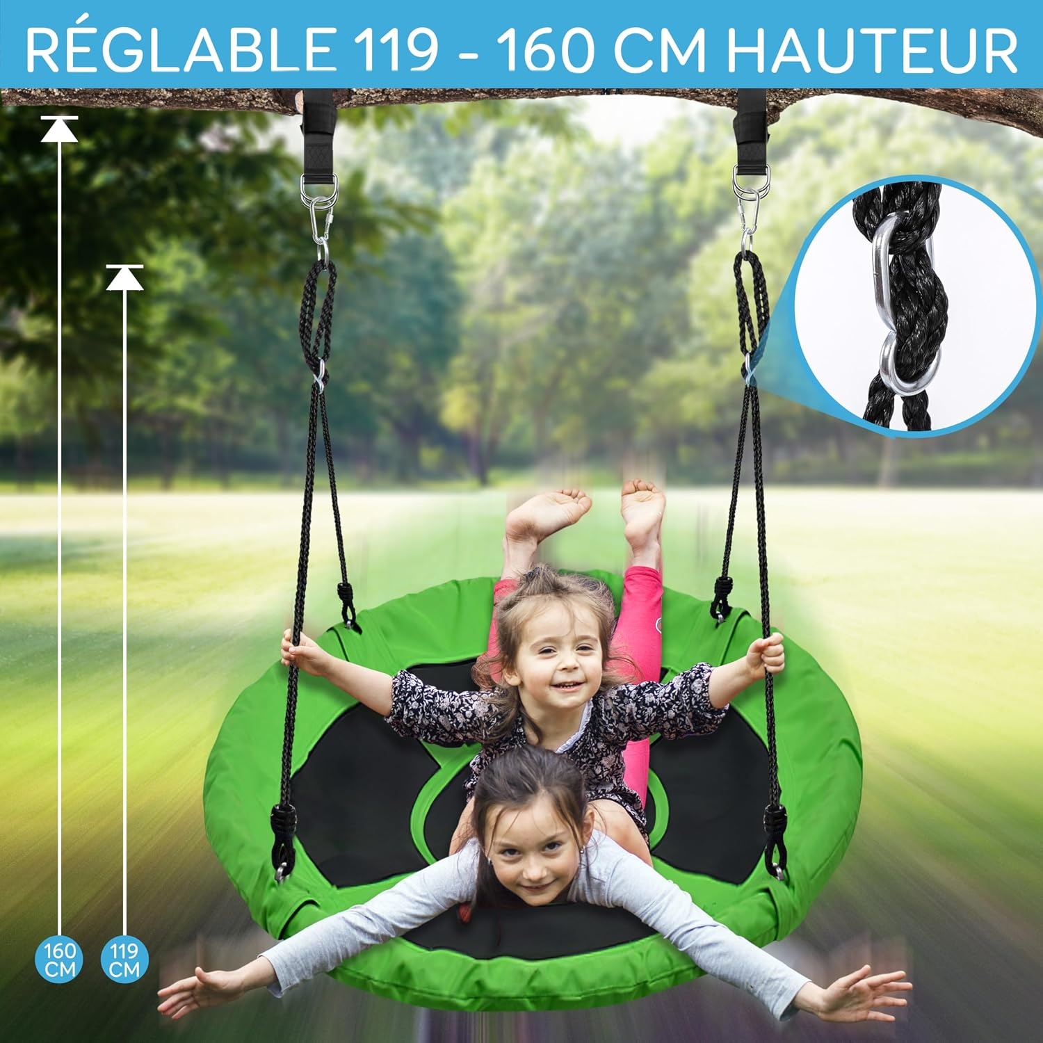 Balançoire nid 100 cm vert - Pivot 360° - Kit suspension - 24% de remise