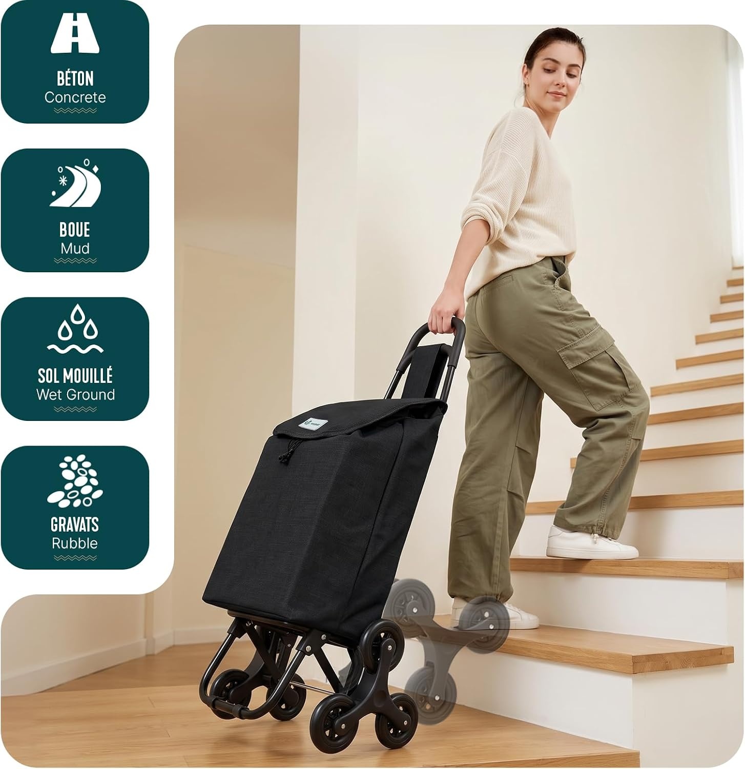 Chariot de courses monte-escalier 32L - Pliable - Noir - 22% de remise