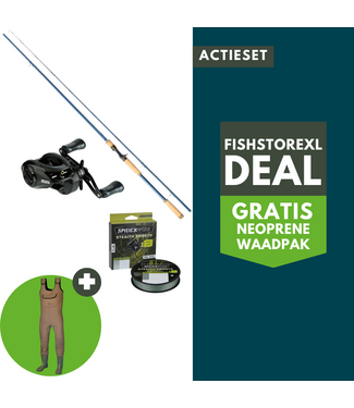 FishstoreXL Snoek Actieset Baitcast 2.44M 40–130G + Reel + Lijn + Gratis Neoprene Waadpak