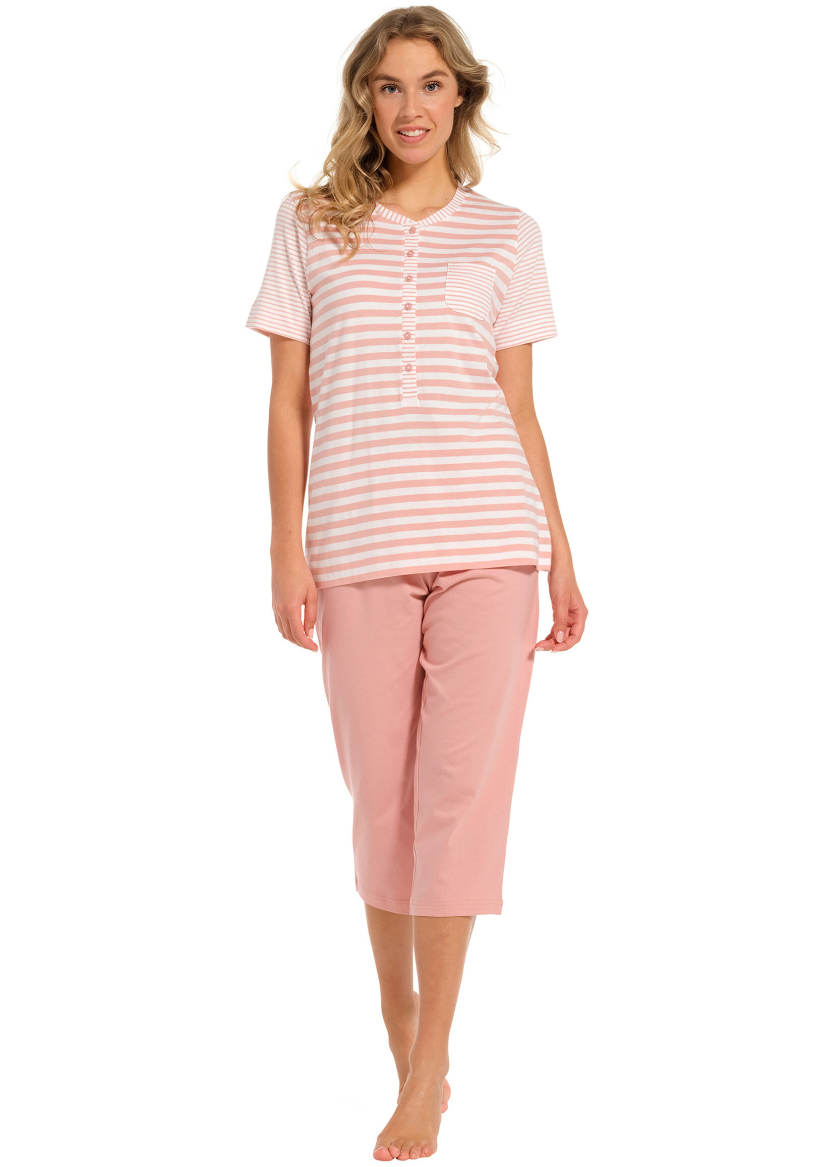 Pastunette Dames pyjama capri broek - roze gestreept