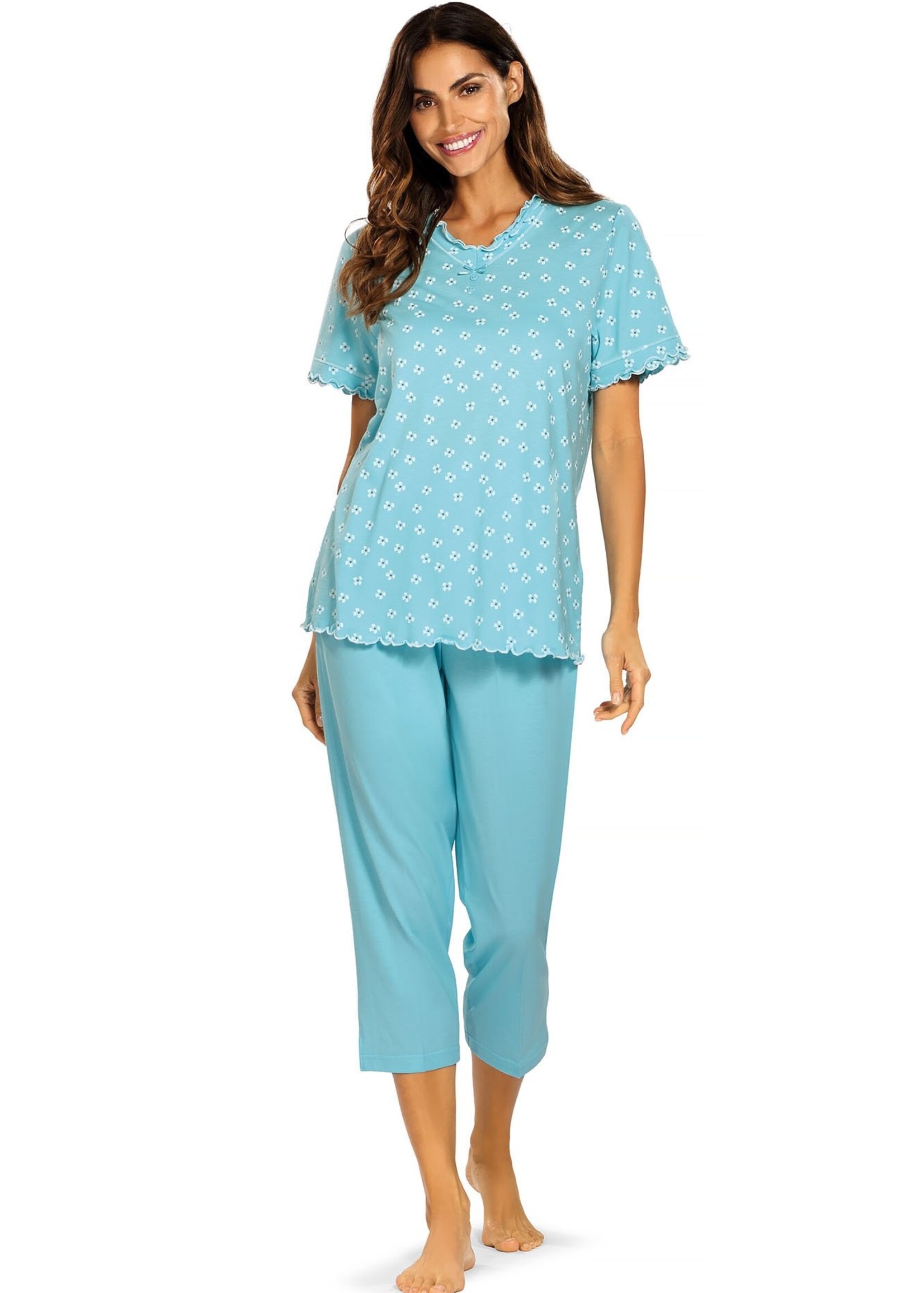 Comtessa Dames pyjama katoen 7/8 broek - aqua blauw