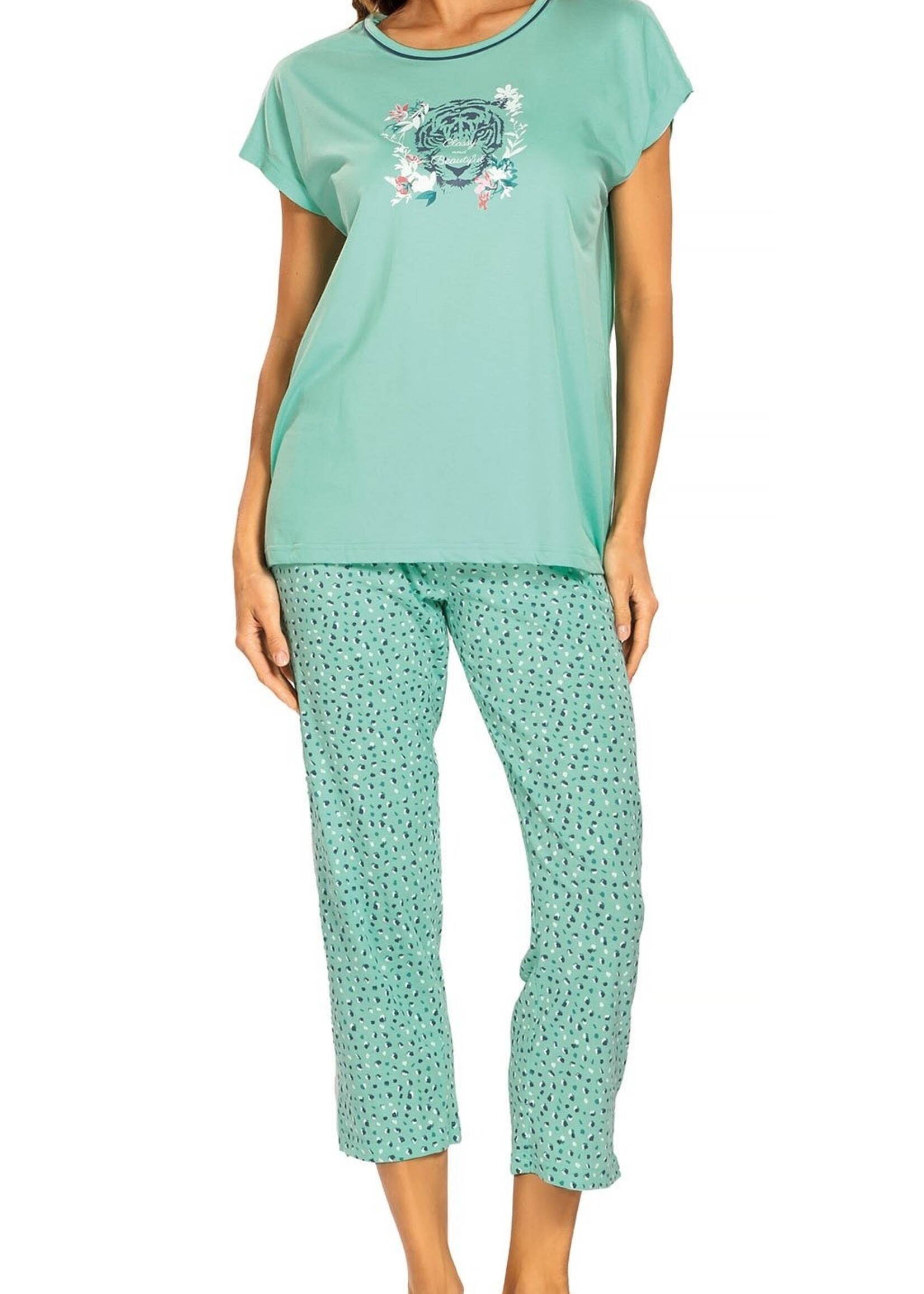 Comtessa Dames pyjama katoen 7/8 broek - green tiger