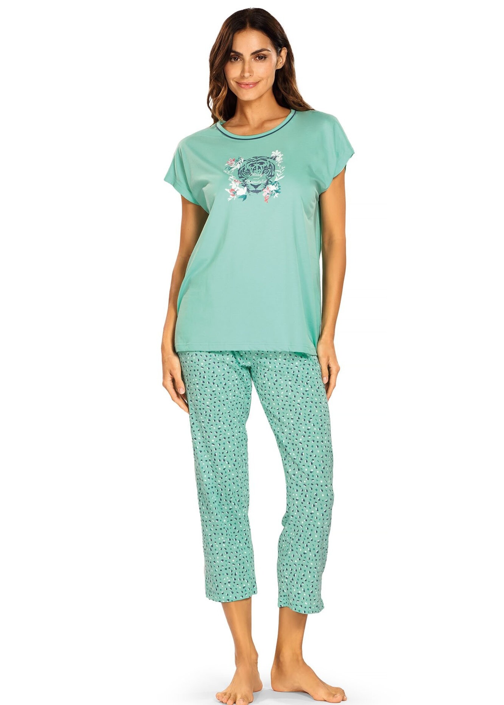 Comtessa Dames pyjama katoen 7/8 broek - green tiger