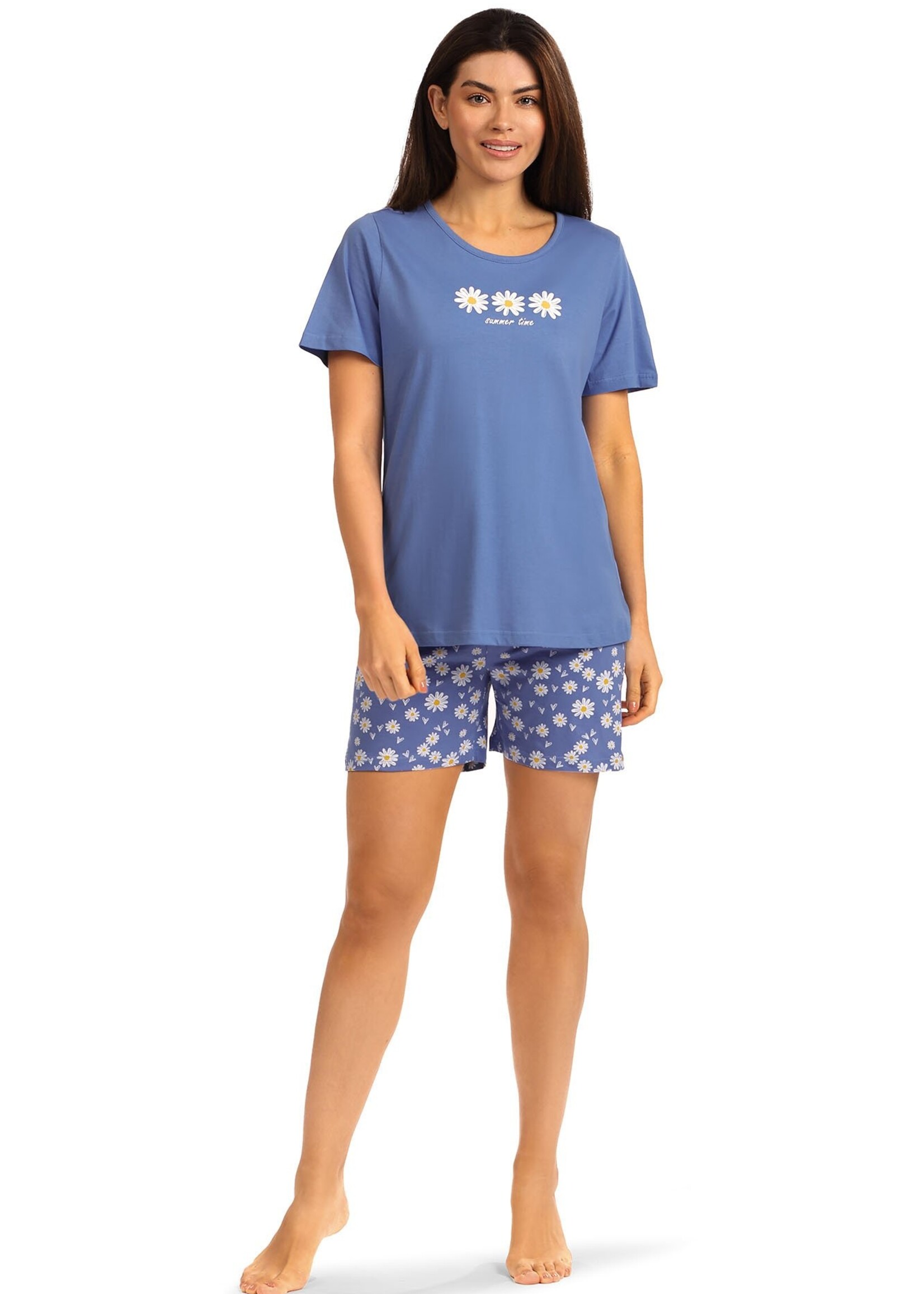 Comtessa Dames shortama katoen - blauw bloemen
