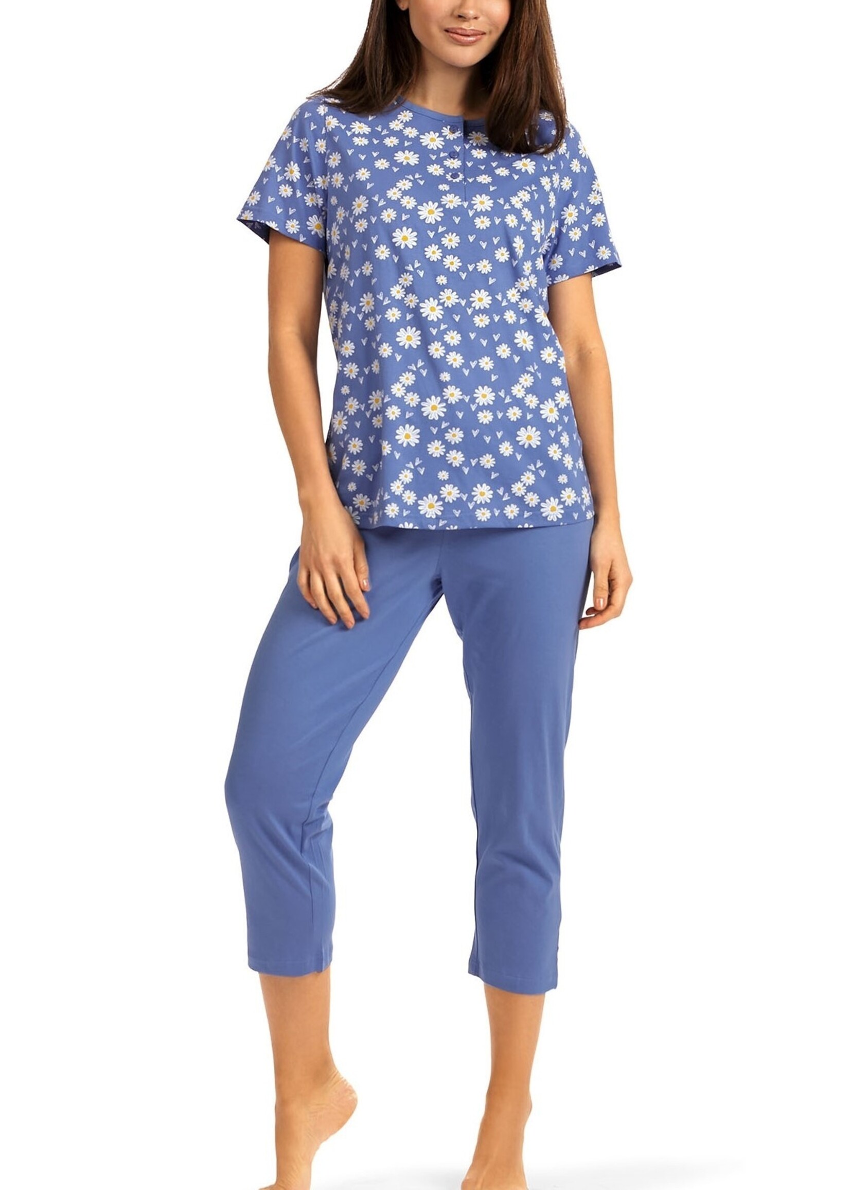 Comtessa Dames pyjama katoen 7/8 broek - blauw bloemen