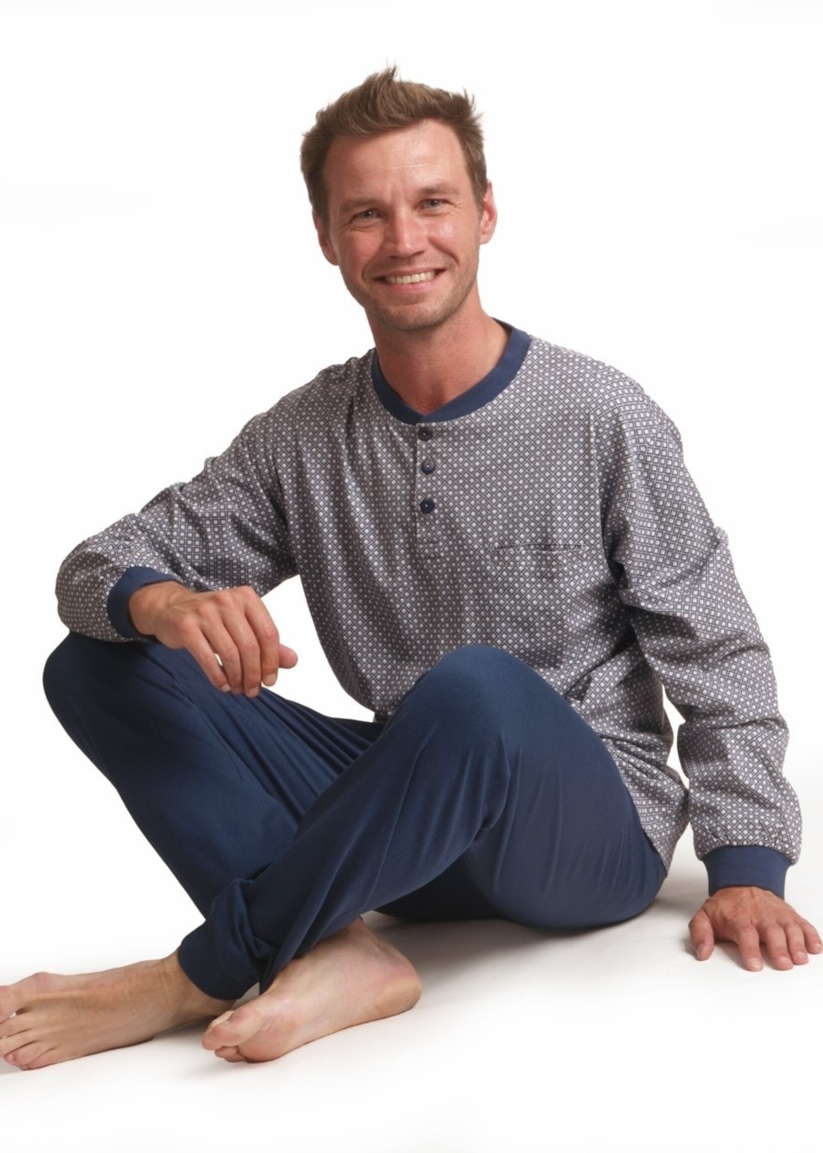 Outfitter Heren pyjama katoen - grijs blauw patroon