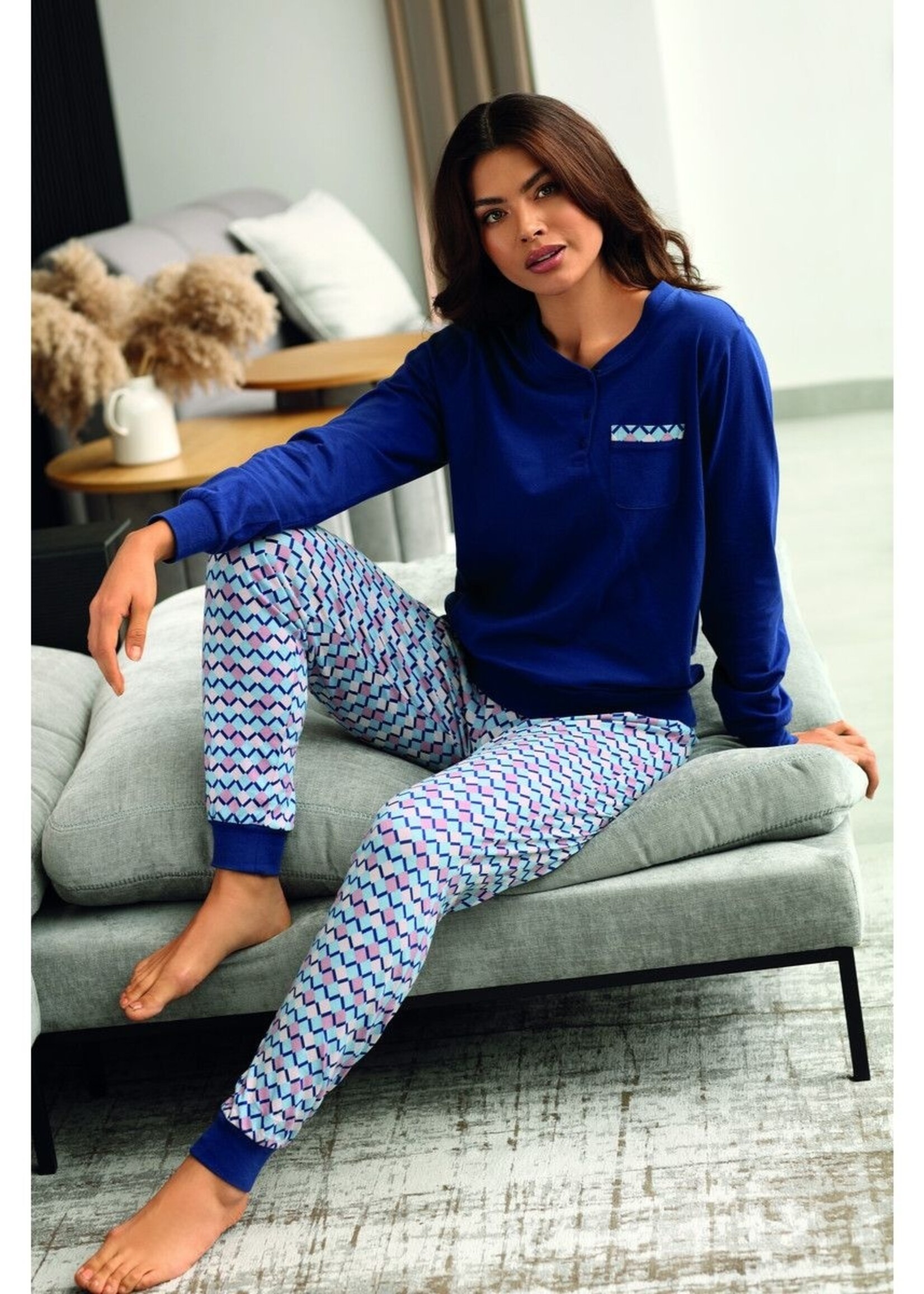Comtessa Dames pyjama katoen - marineblauw grafisch