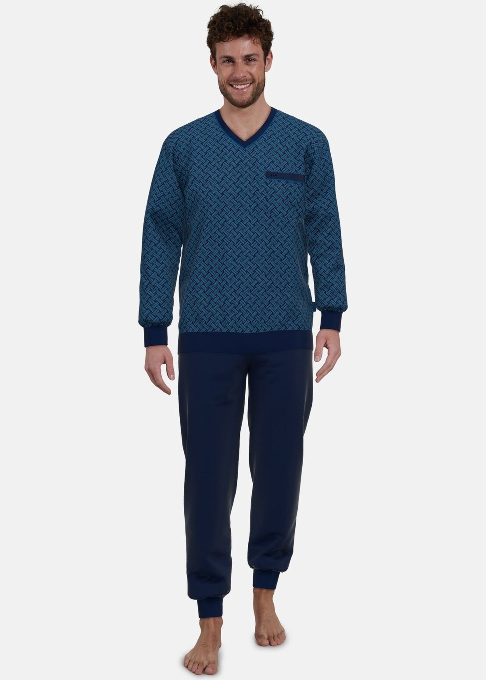 Götzburg Heren pyjama katoen met boordjes - petrol blue