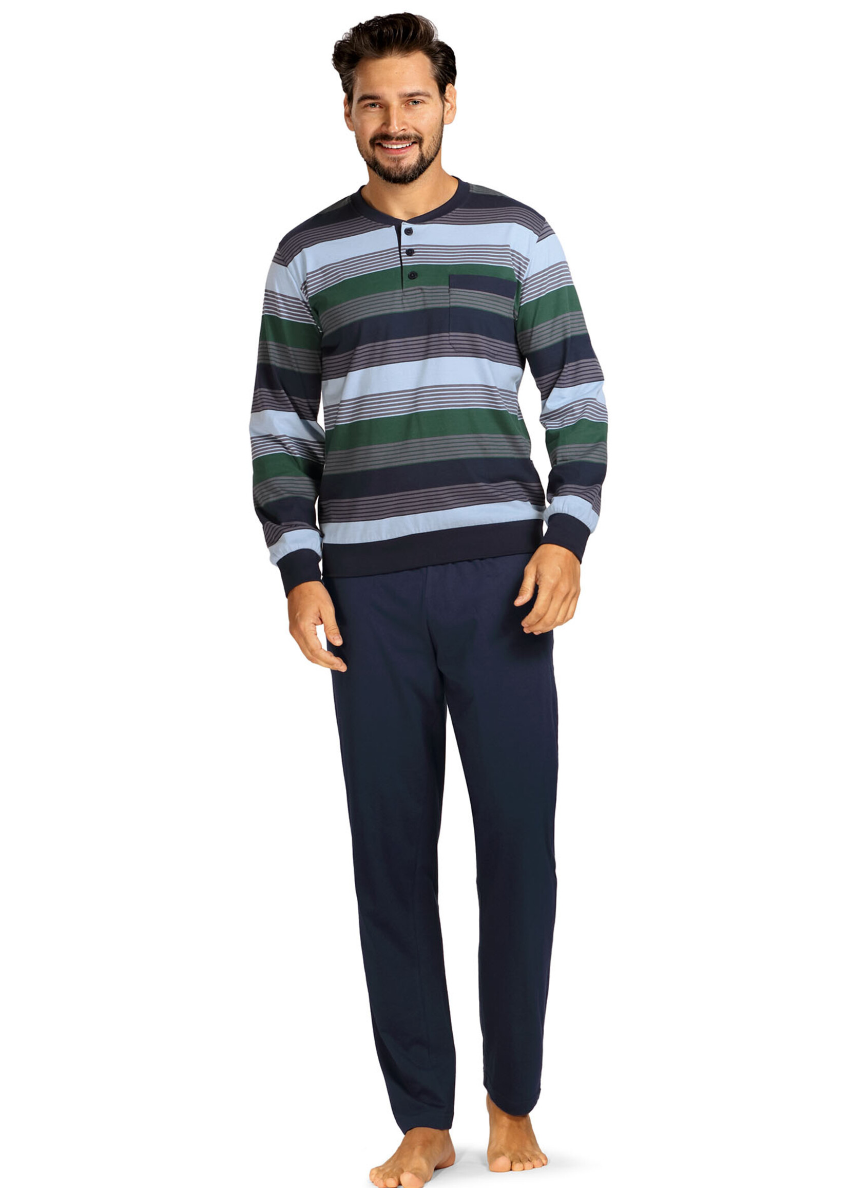 Comte Heren pyjama katoen - groen blauw gestreept