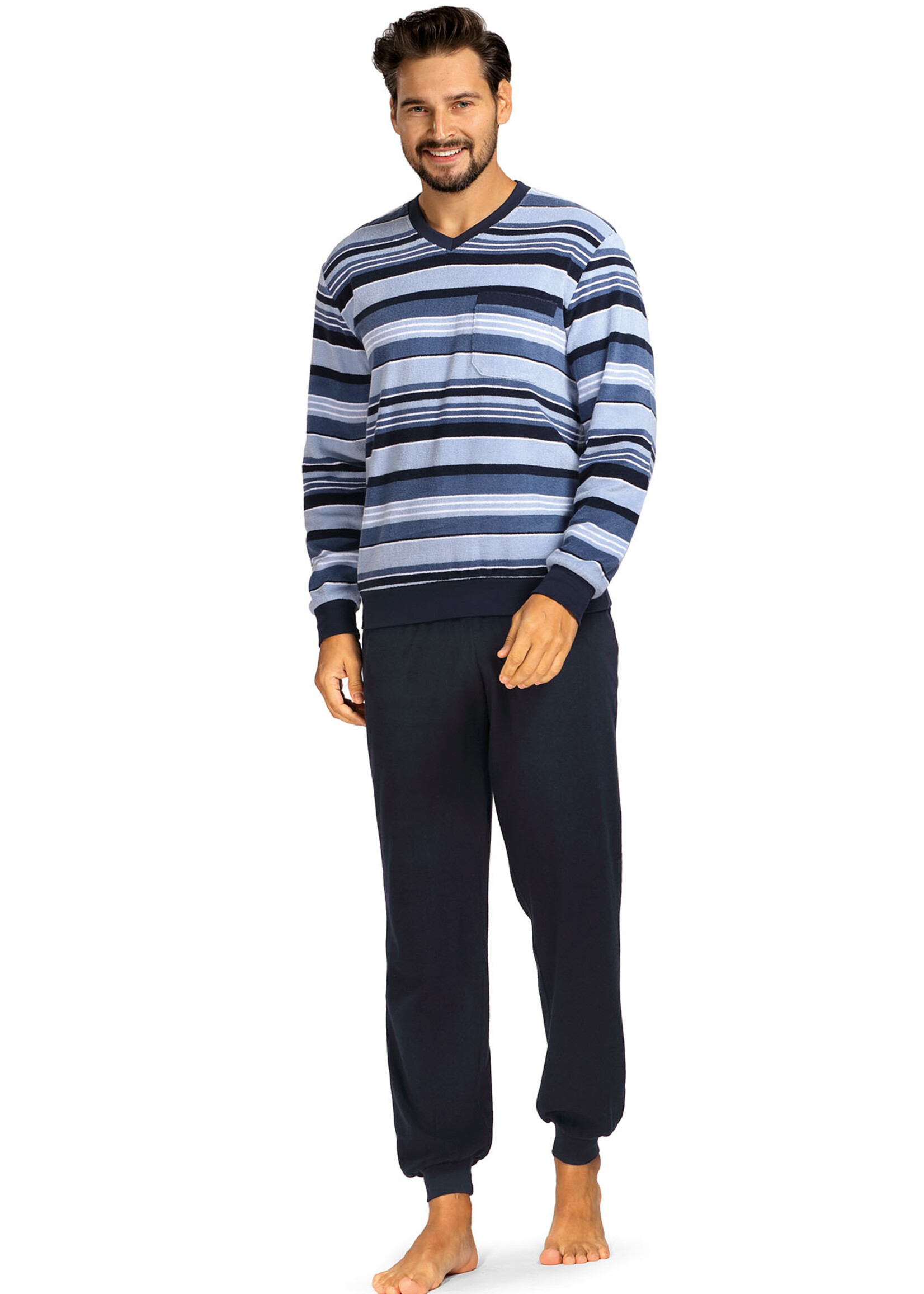 Comte Badstof heren pyjama - sky blue gestreept