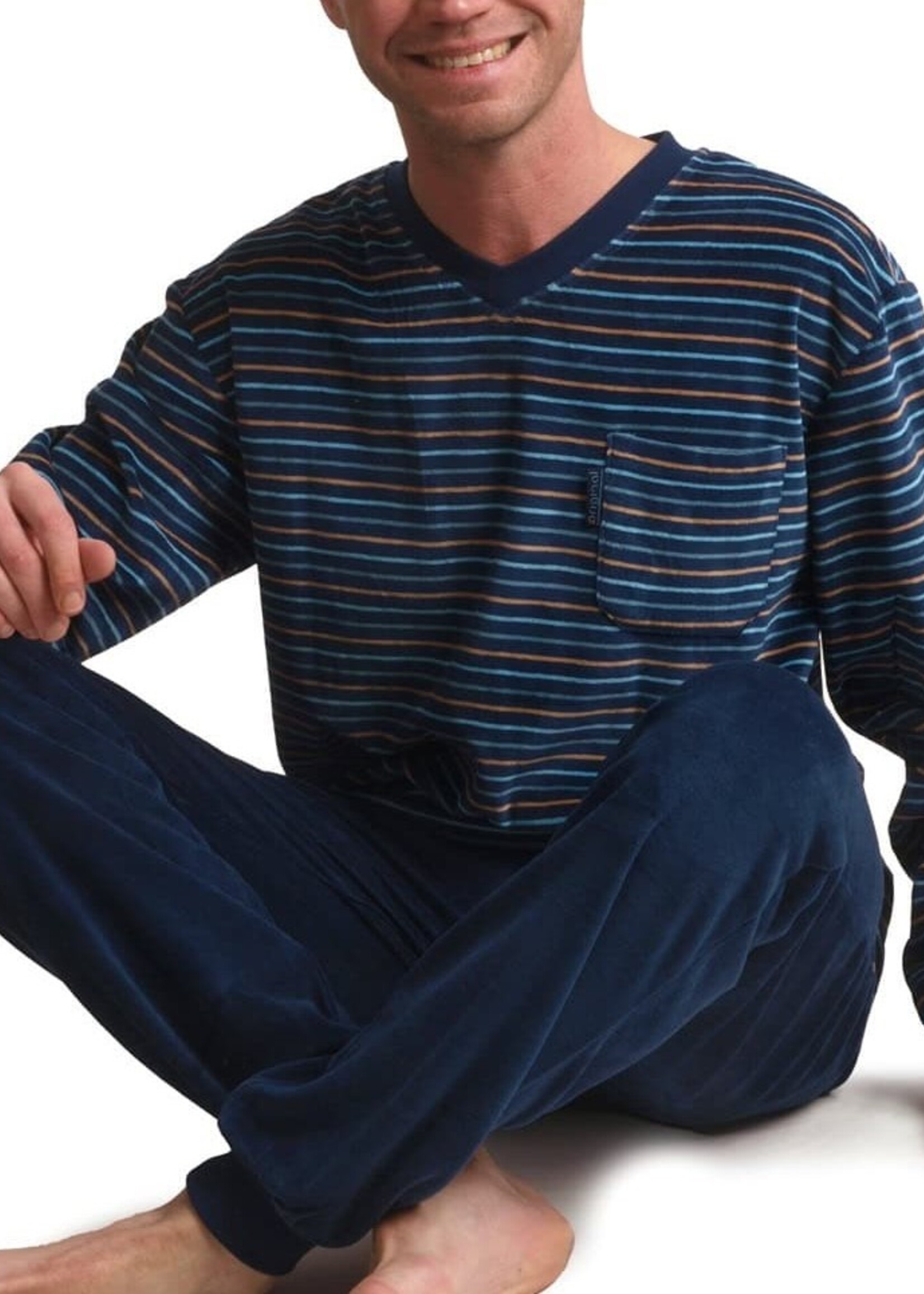 Outfitter Velours heren pyjama - blauw gestreept