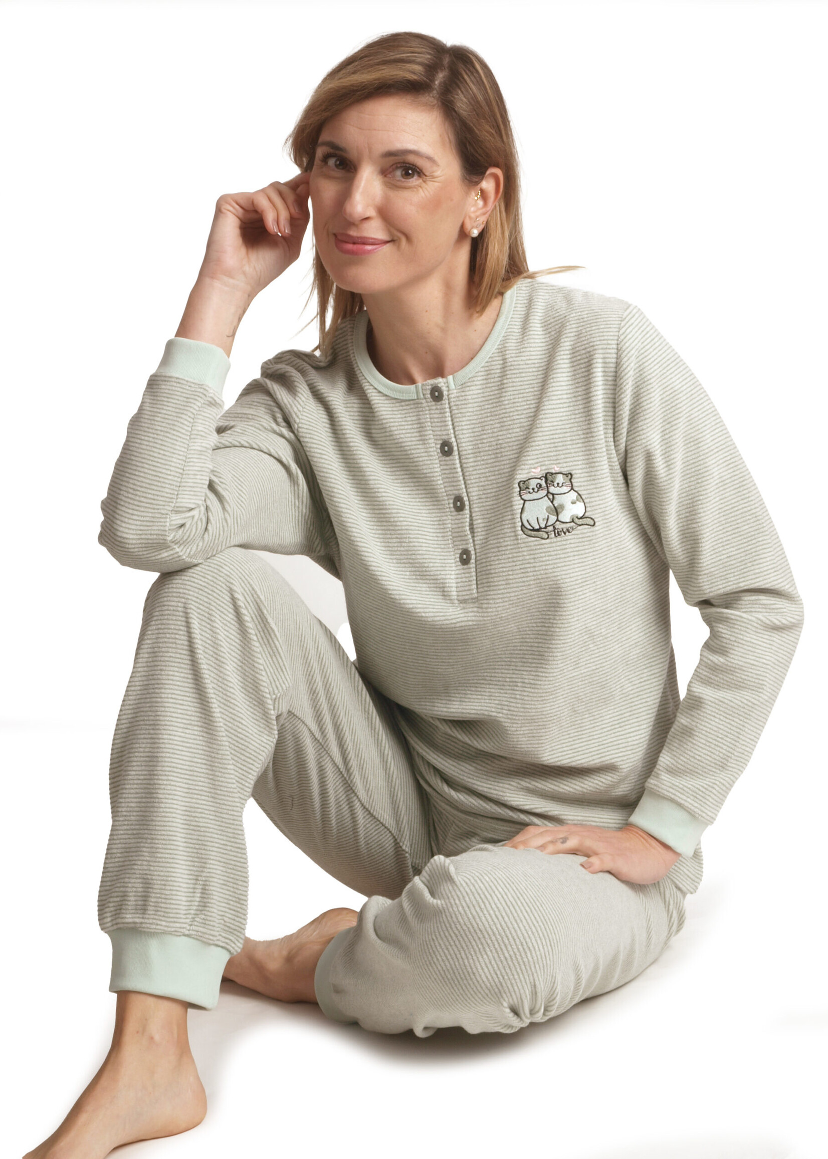 Cocodream Badstof dames pyjama - groen gestreept