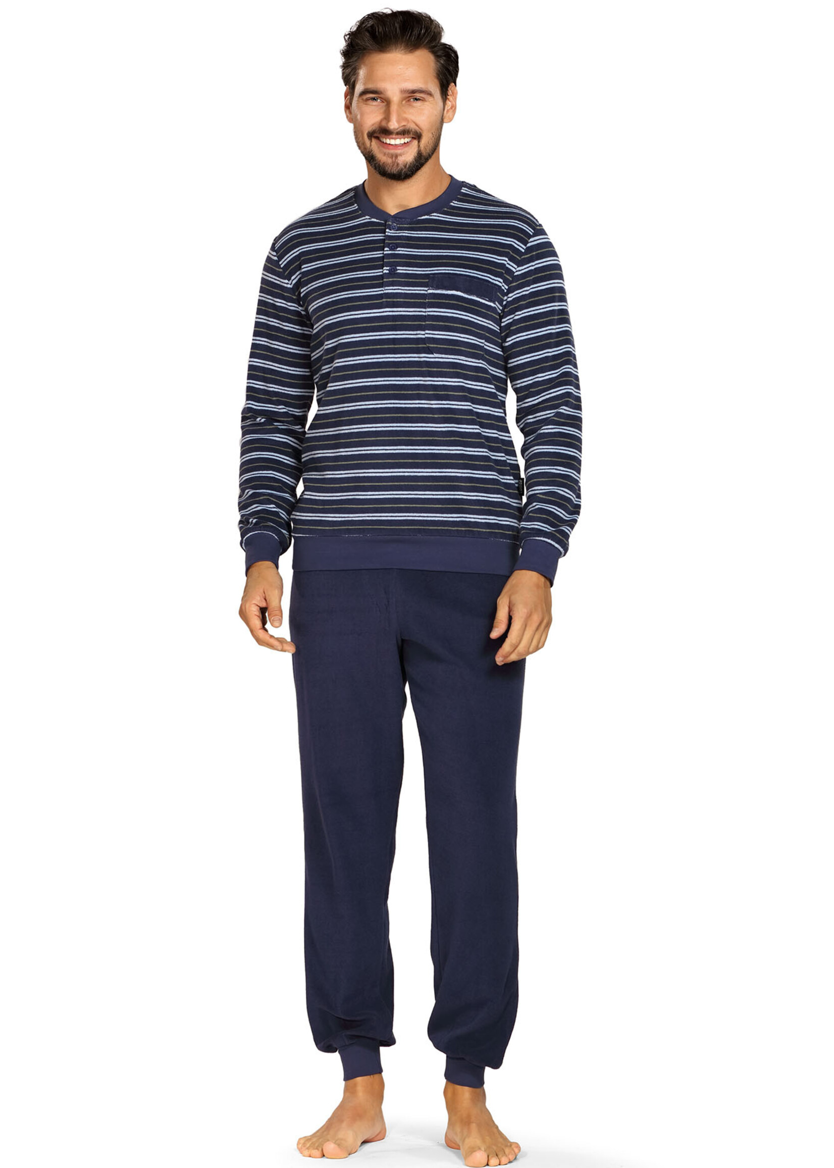 Comte Badstof heren pyjama - donkerblauw gestreept
