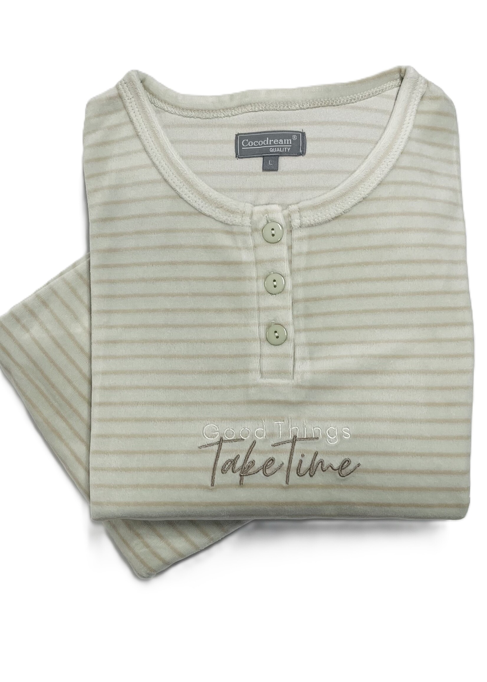 Cocodream Velours dames pyjama - smoke green gestreept