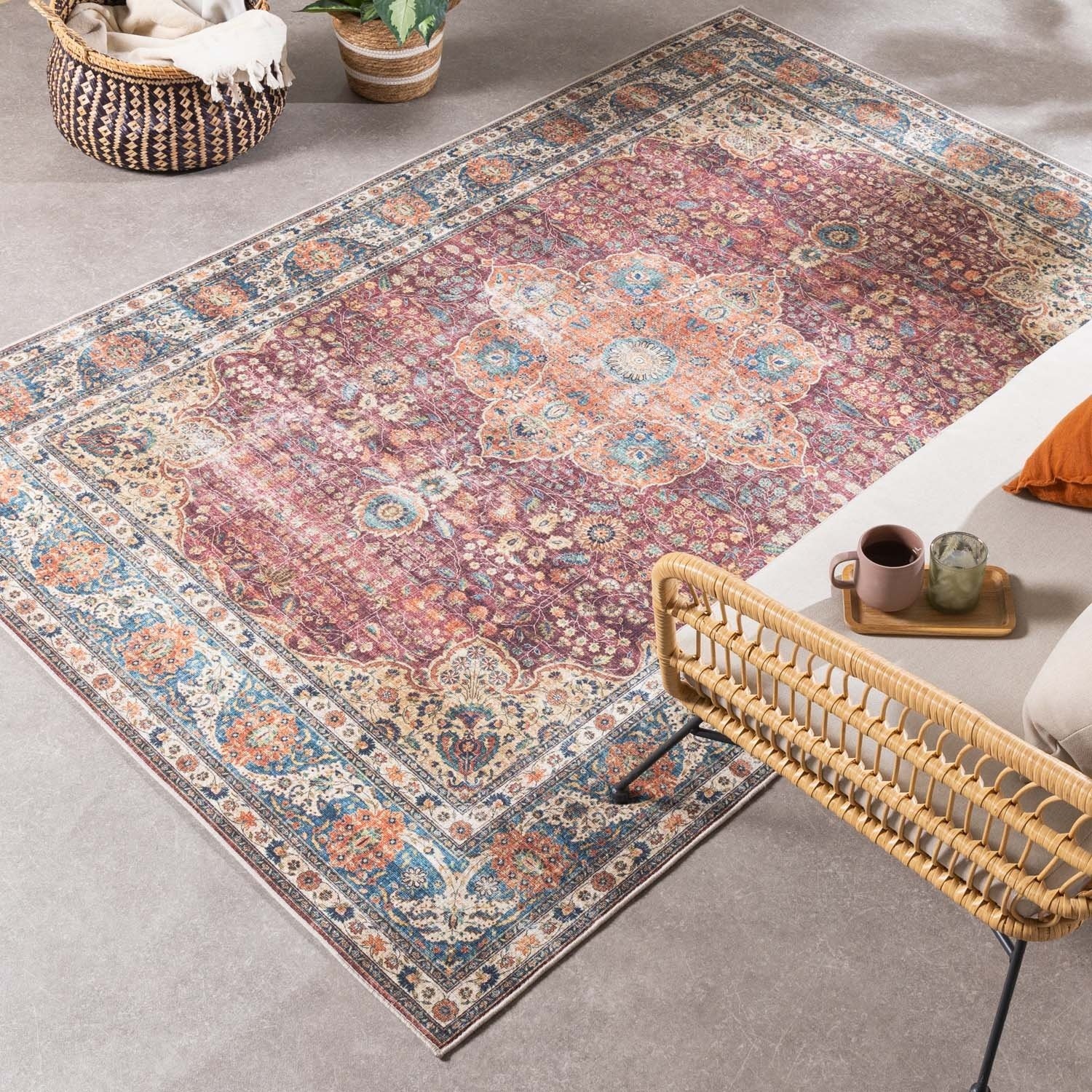 Tapis rond en jute d'extérieur - Kairo Medaillon Bordeaux