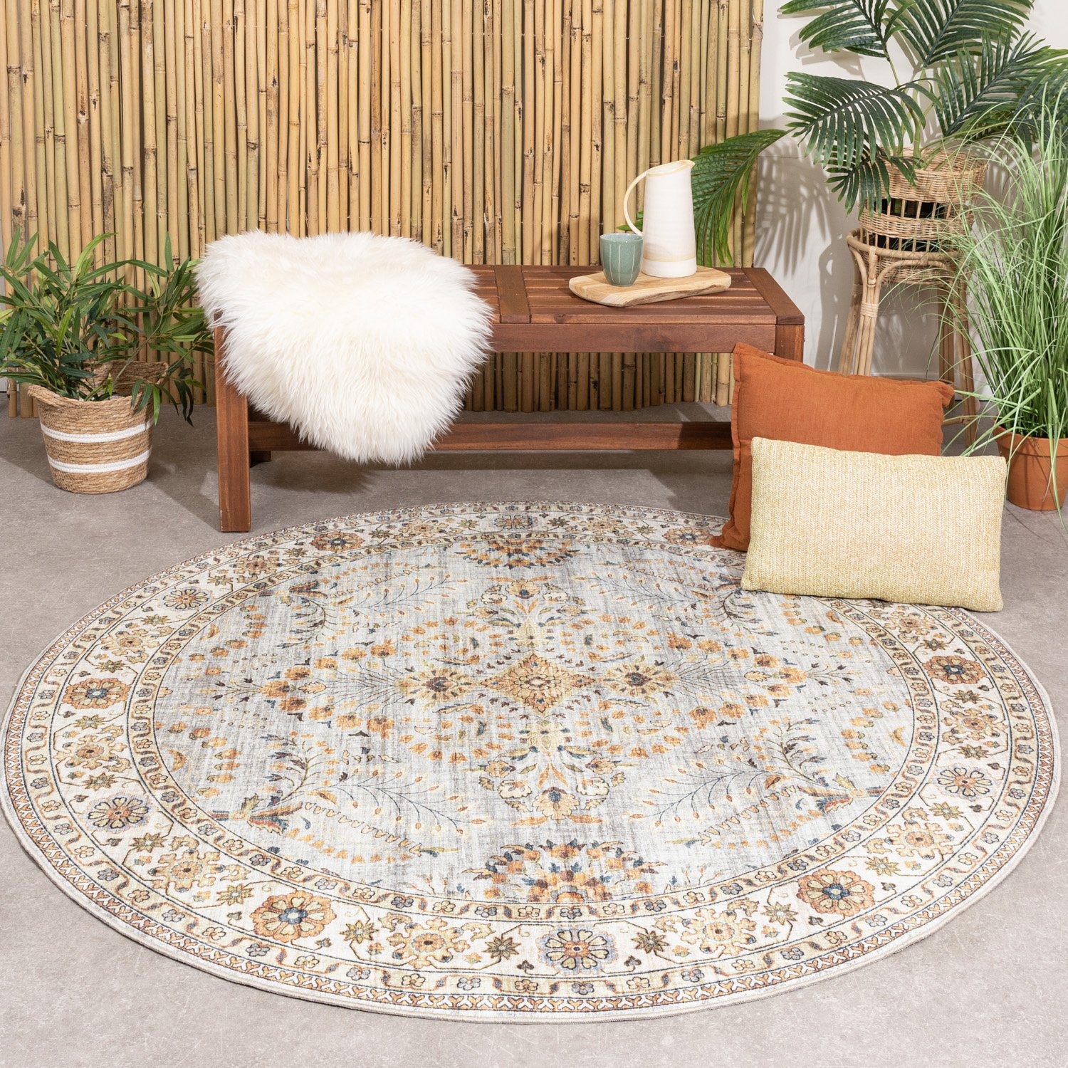 Tapis d'Extérieur Rond Vintage - Santo Flora Gris Clair