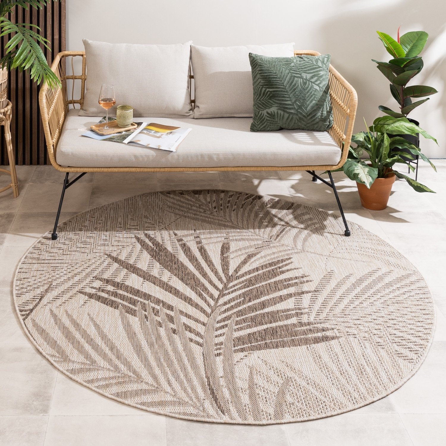 Tapis rond d'extérieur vintage - Tiga Palm Taupe