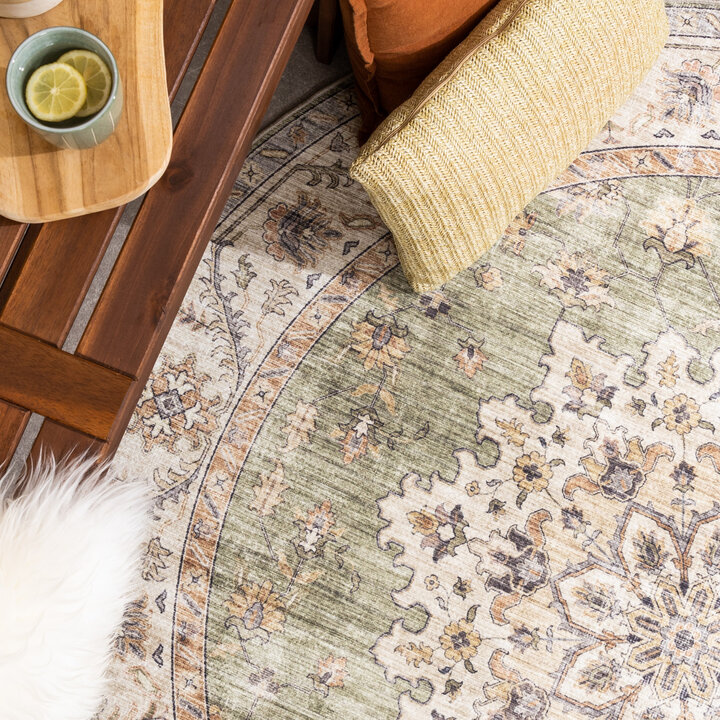 Tapis d'extérieur rond vintage - Santo Médaillon Vert