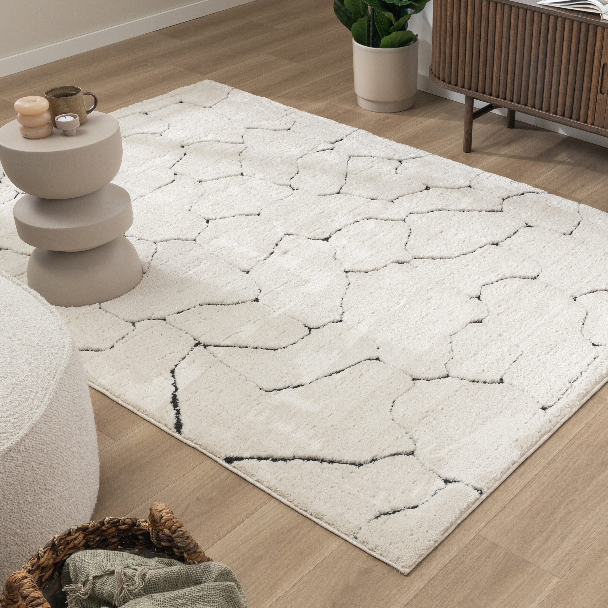 Tapis moderne intérieur et extérieur - Yune Stone Crème/Noir