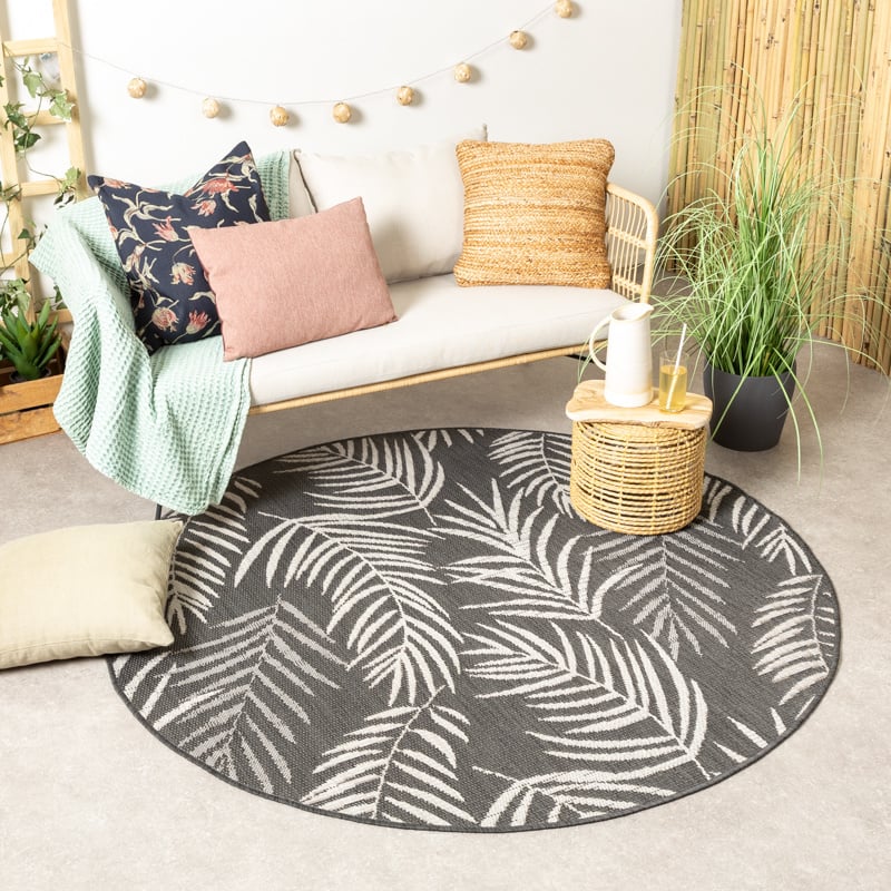 Tapis d'extérieur rond - Malta Leaves Noir