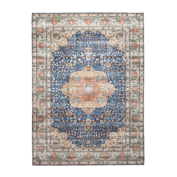 Tapis rond en jute d'extérieur - Kairo Medaillon Bleu Foncé/Terracotta