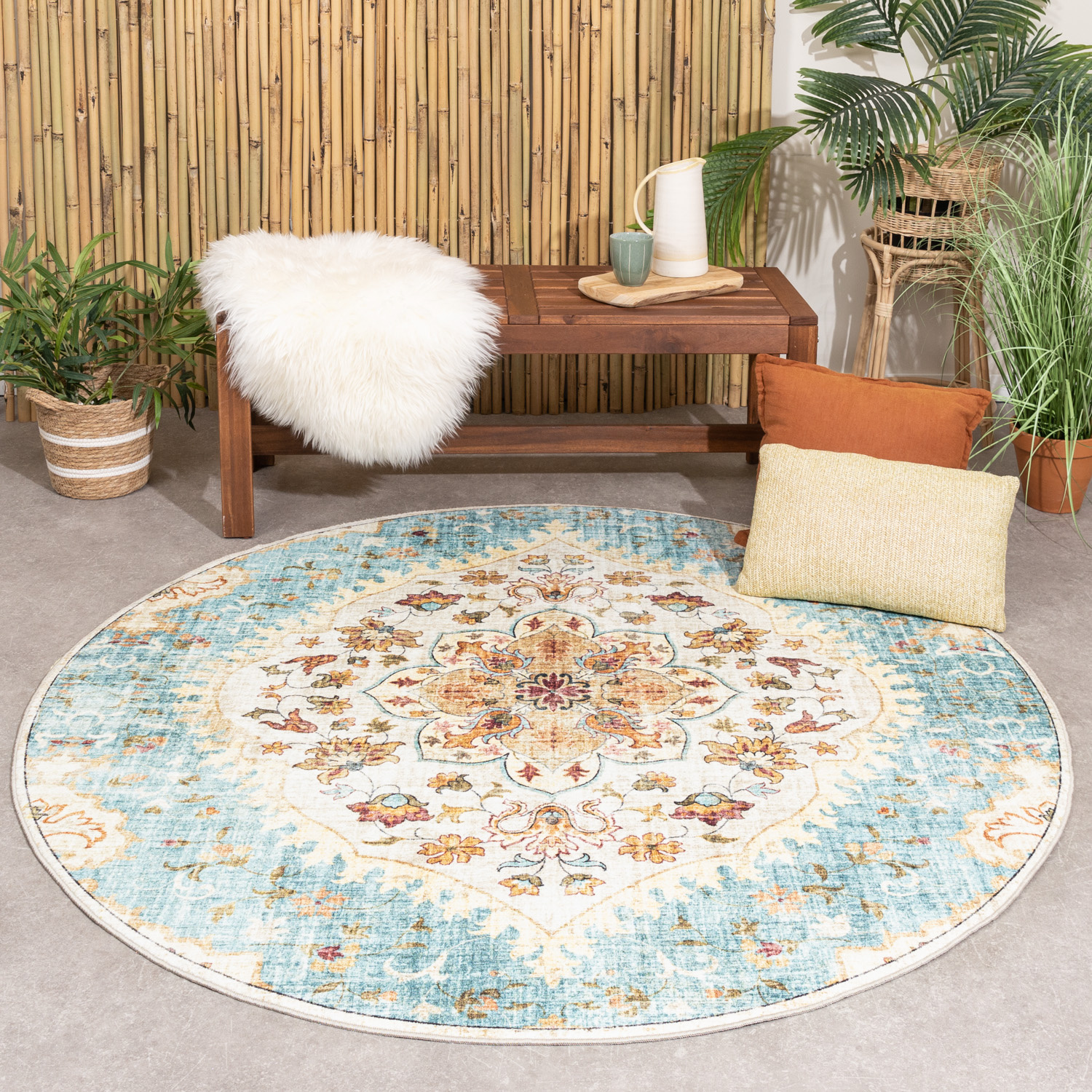 Tapis d'Extérieur Rond Vintage - Santo Mandala Bleu Clair