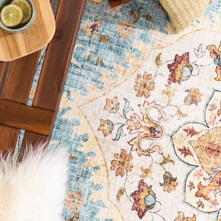 Tapis d'extérieur rond vintage - Santo Mandala Bleu Clair