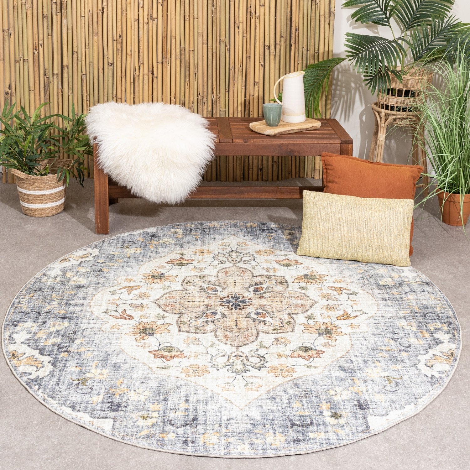 Tapis d'Extérieur Rond Vintage - Santo Mandala Bleu/Gris