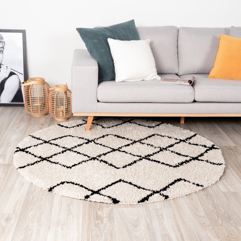 Tapis rond à poils longs - Grand Diamond Crème/Noir