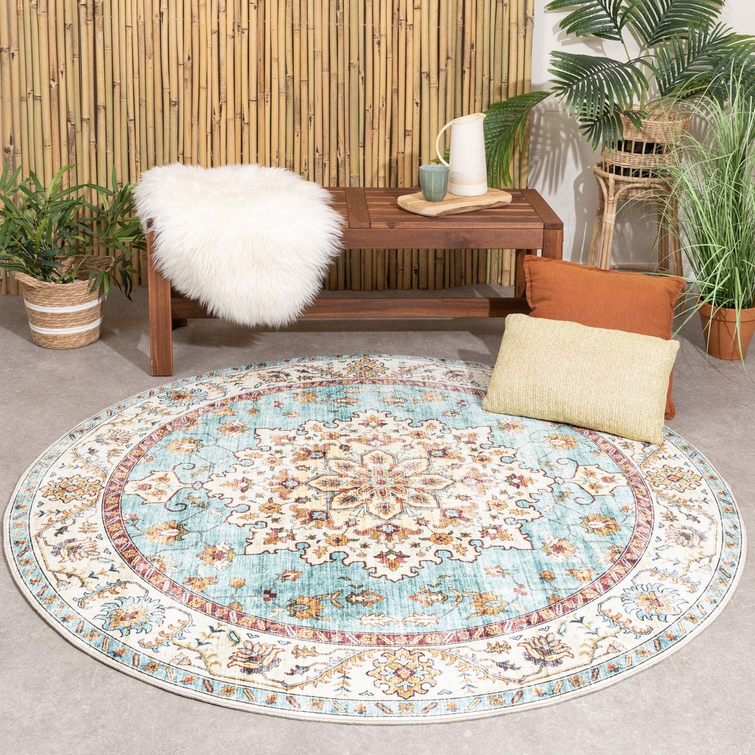 Tapis d'Extérieur Rond Vintage - Médaillon Santo Bleu Clair