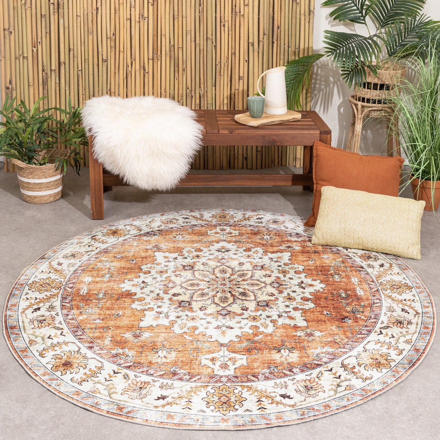 Tapis d'Extérieur Rond Vintage - Santo Médaillon Terra