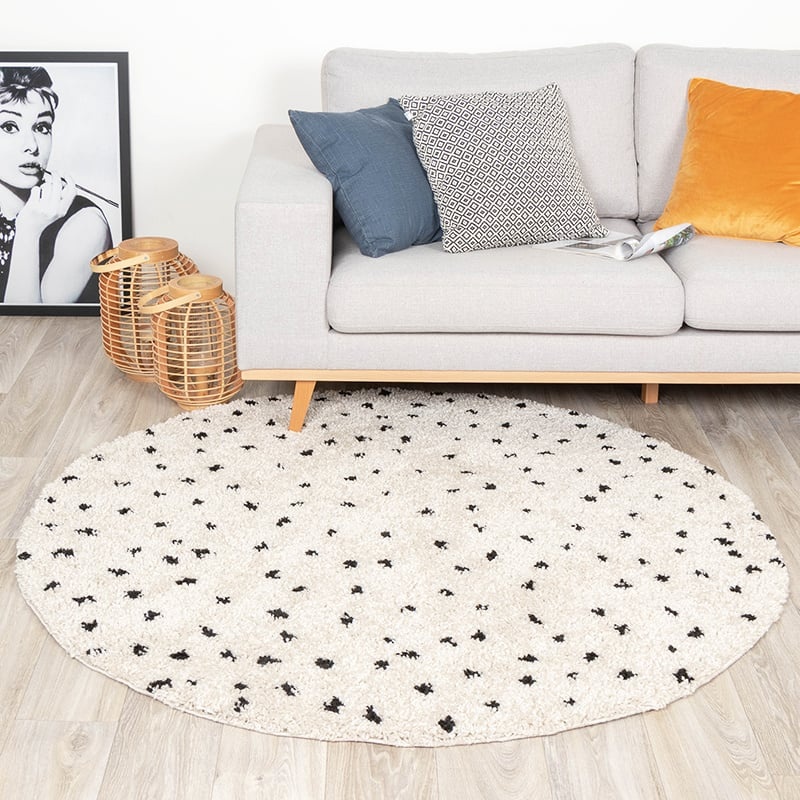 Tapis rond à poils longs - Grand Dots Crème/Noir