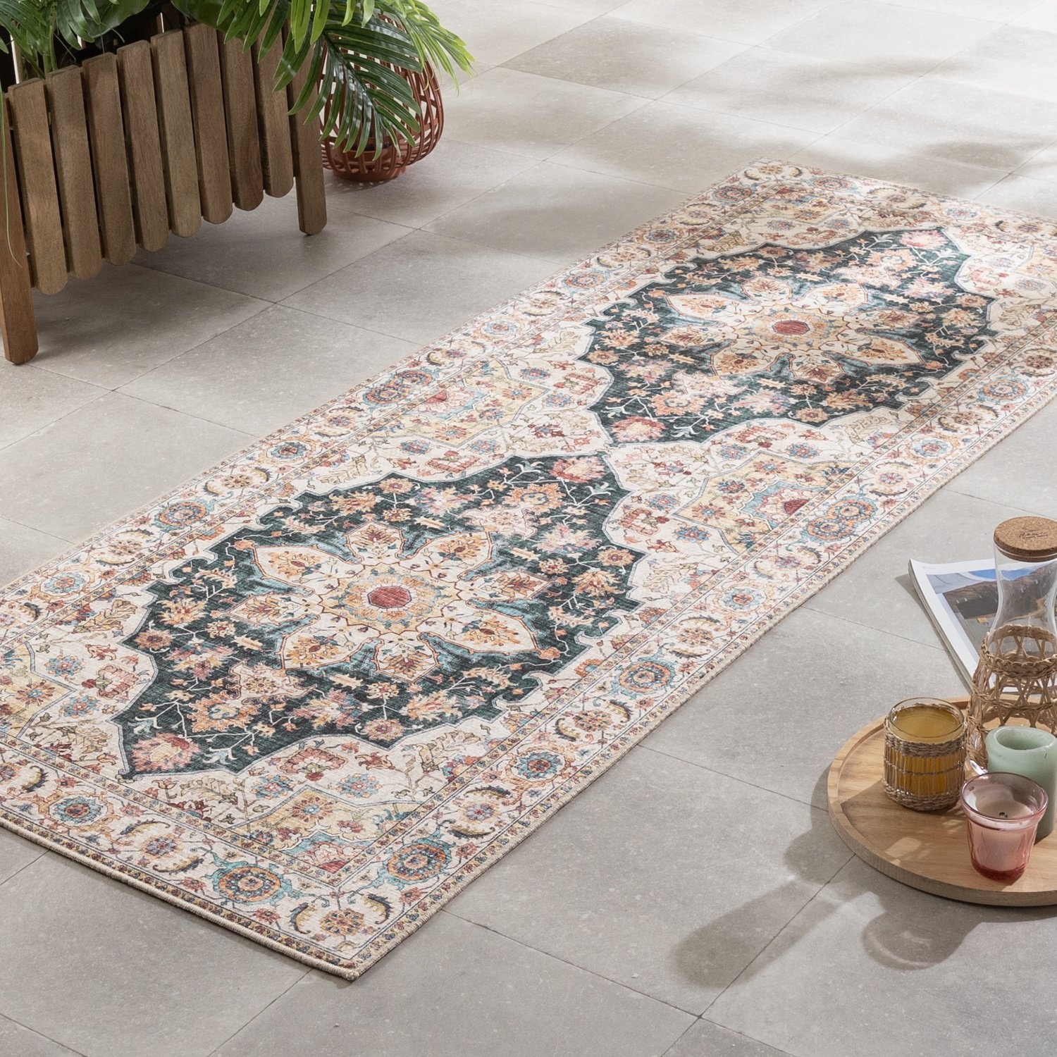 Tapis en laine lavable - Domingo Mandala Vert Foncé