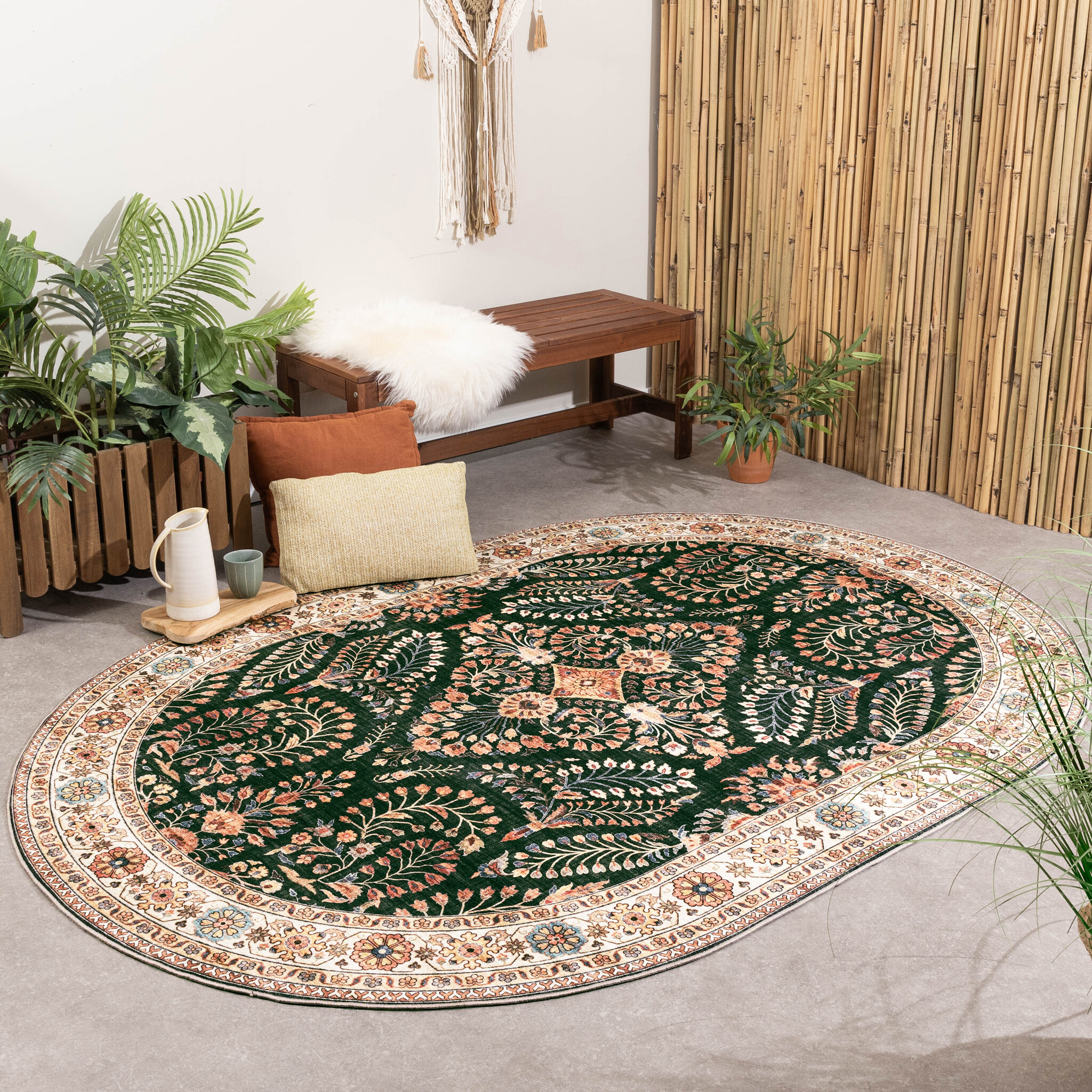 Tapis d'Extérieur Ovale Vintage - Santo Flora Vert Foncé
