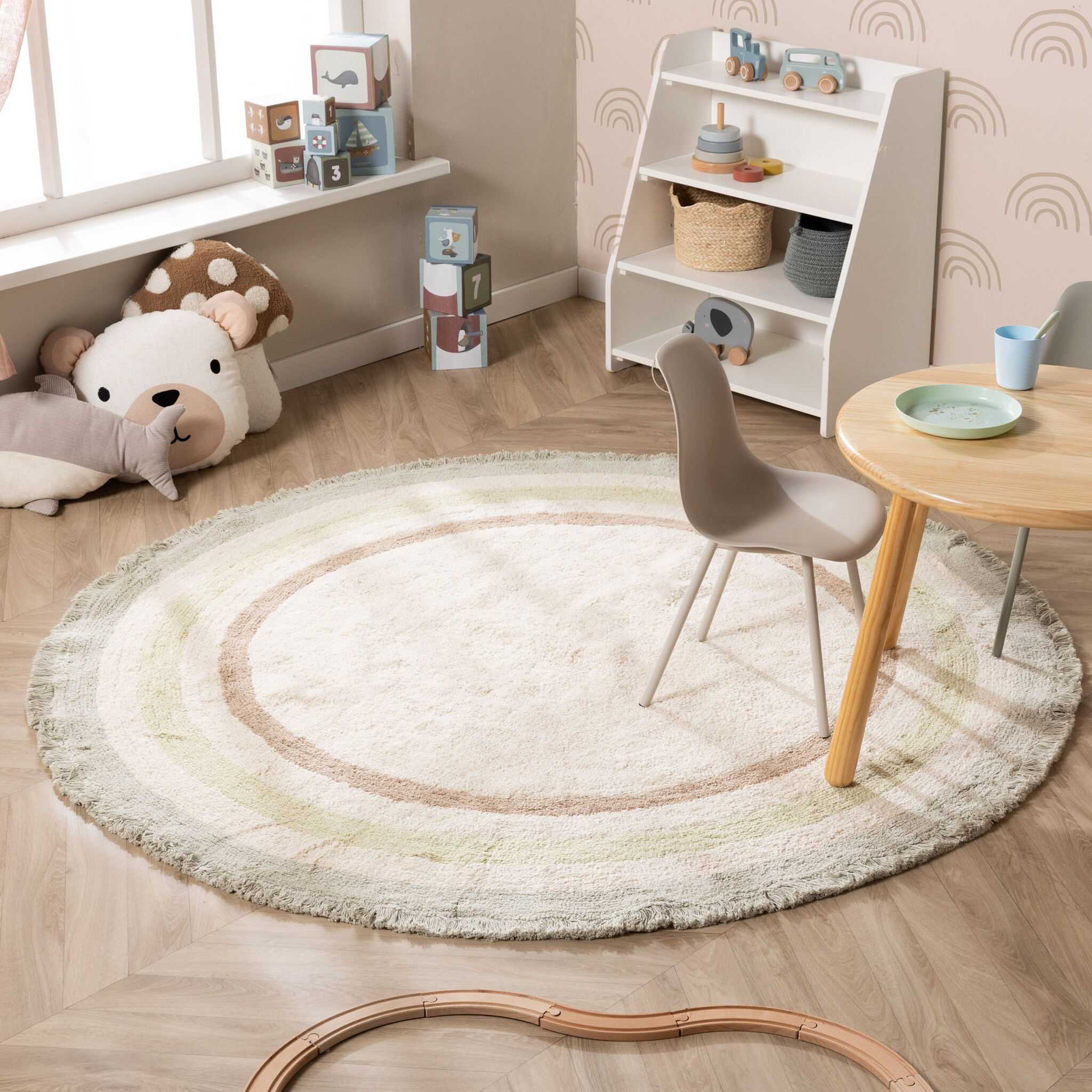 Tapis Rond 90 Cm Beige Ours Mignon – Lavable En Machine, Antidérapant, Doux Flanelle, Idéal Chambre Enfant, Salon, Chambre Bébé