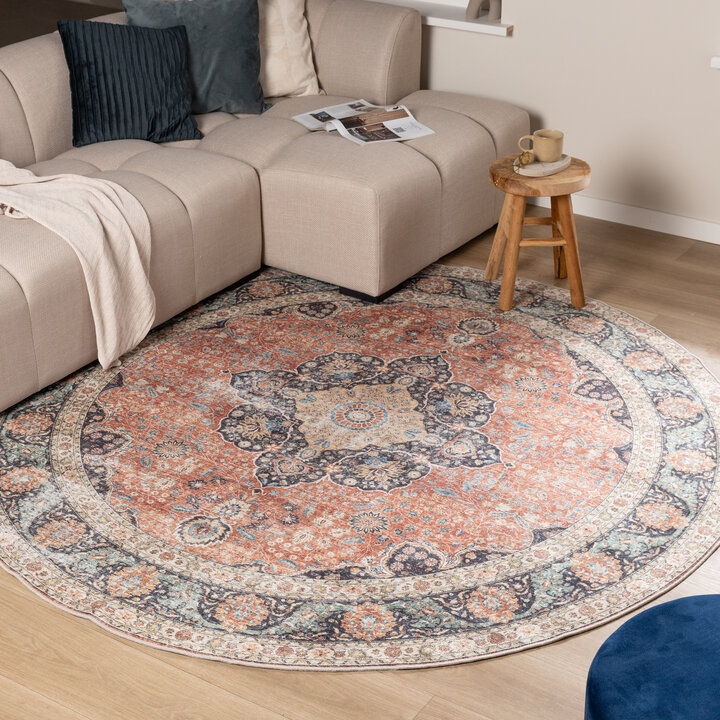 Tapis ovale d'extérieur vintage - Kairo Medaillon Terra/Bleu Foncé