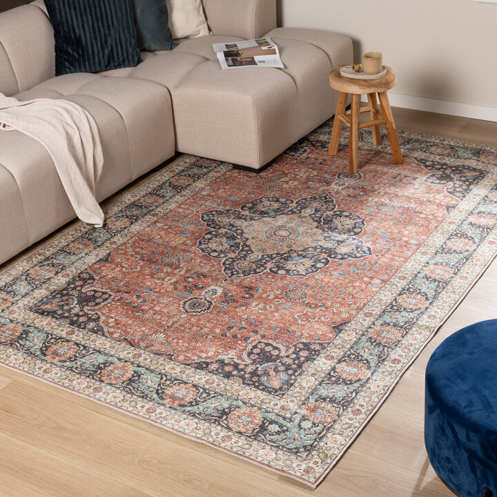 Tapis rond en jute d'extérieur - Kairo Medaillon Terra/Bleu Foncé