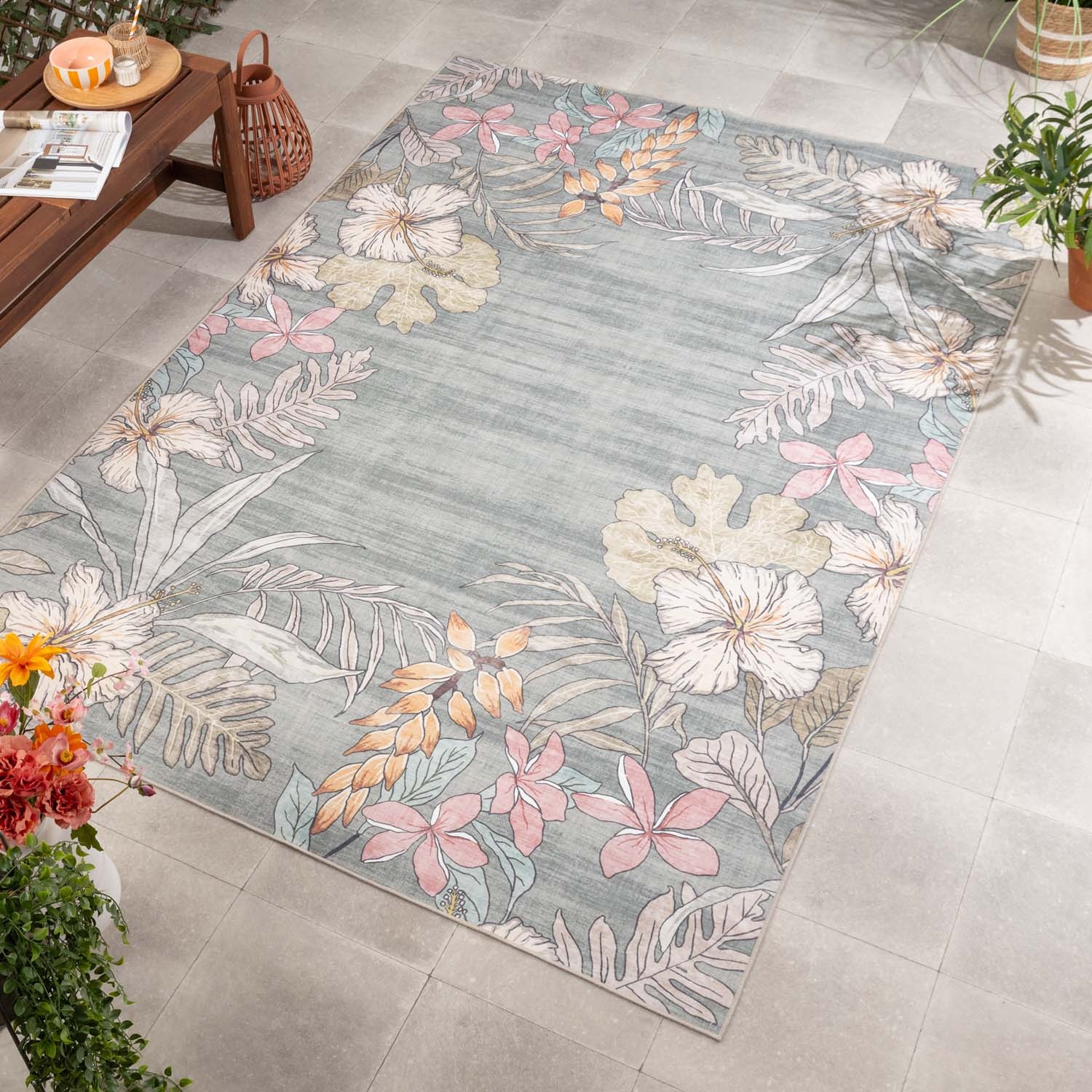 Tapis d’extérieur à fleurs - Poppy Vert olive
