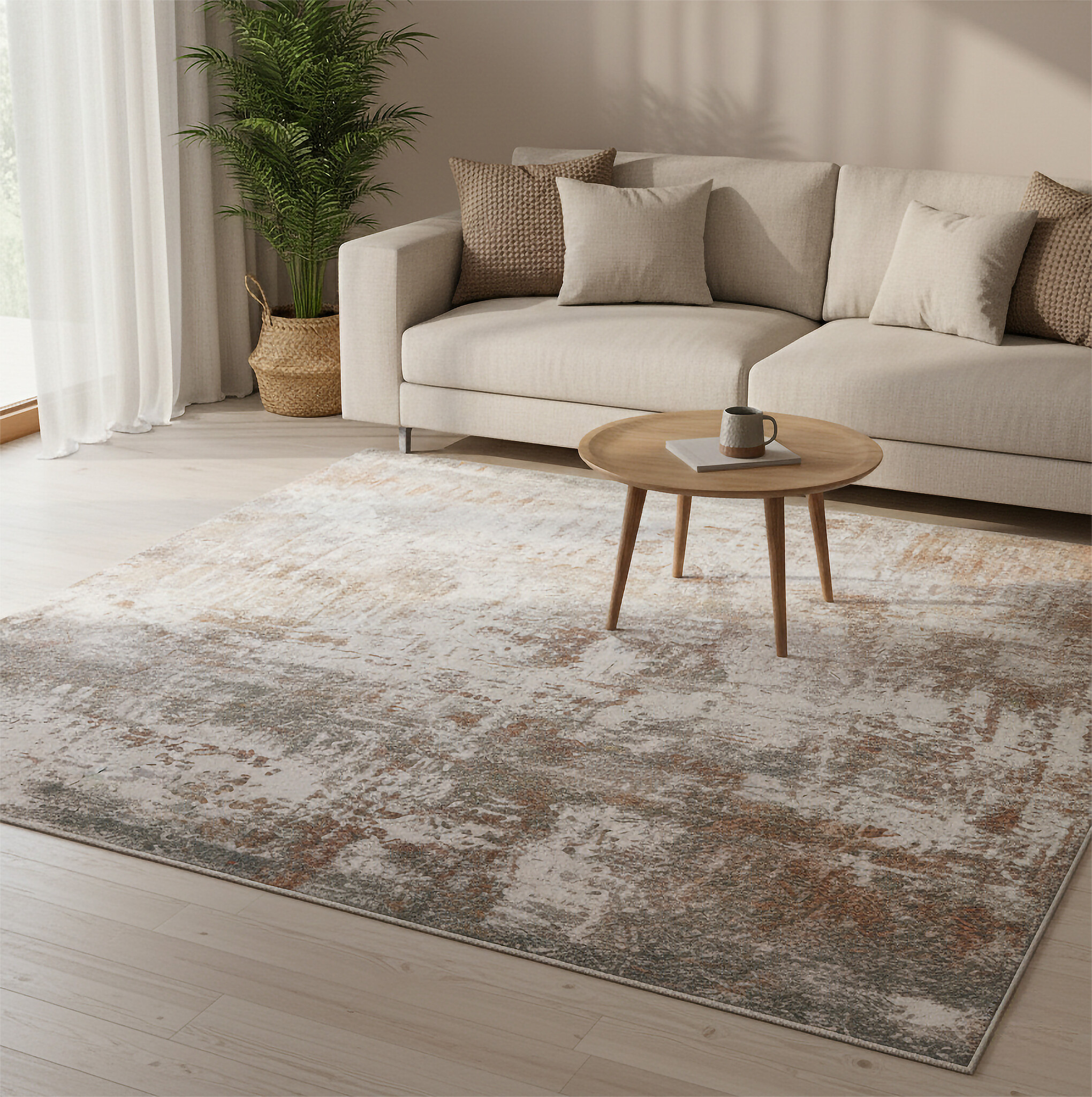 Tapis abstrait lavable - Misha Grunge Crème/Marron