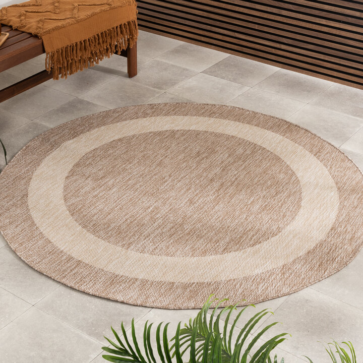 Tapis d'intérieur et d'extérieur rond - Sierra Border Beige/Crème