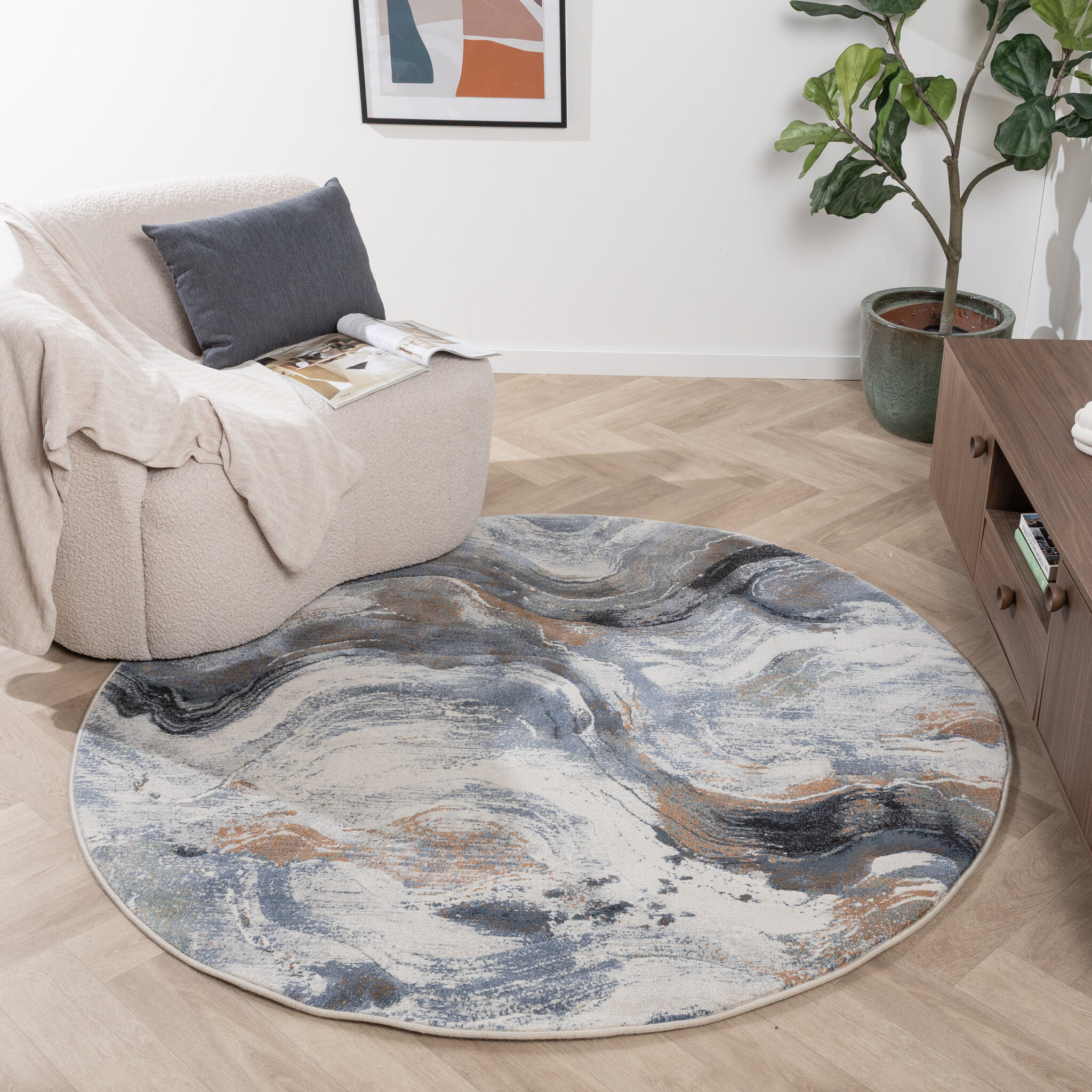 Tapis rond abstrait - Xavier Wave Bleu/Gris