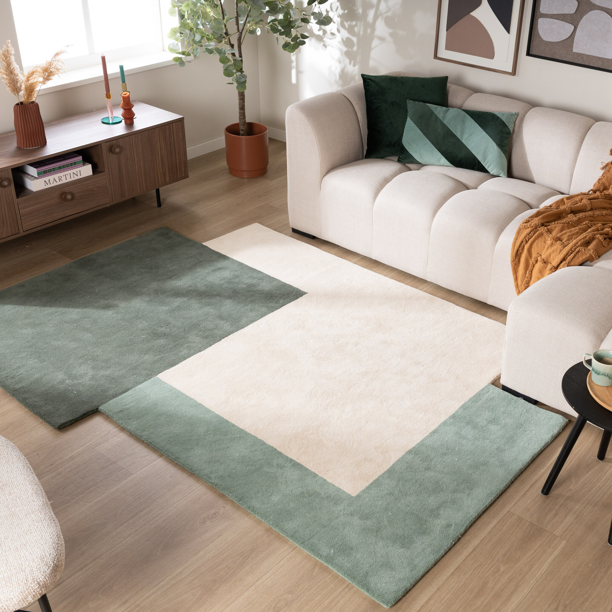 Tapis abstrait en laine – Jules Crème/Vert