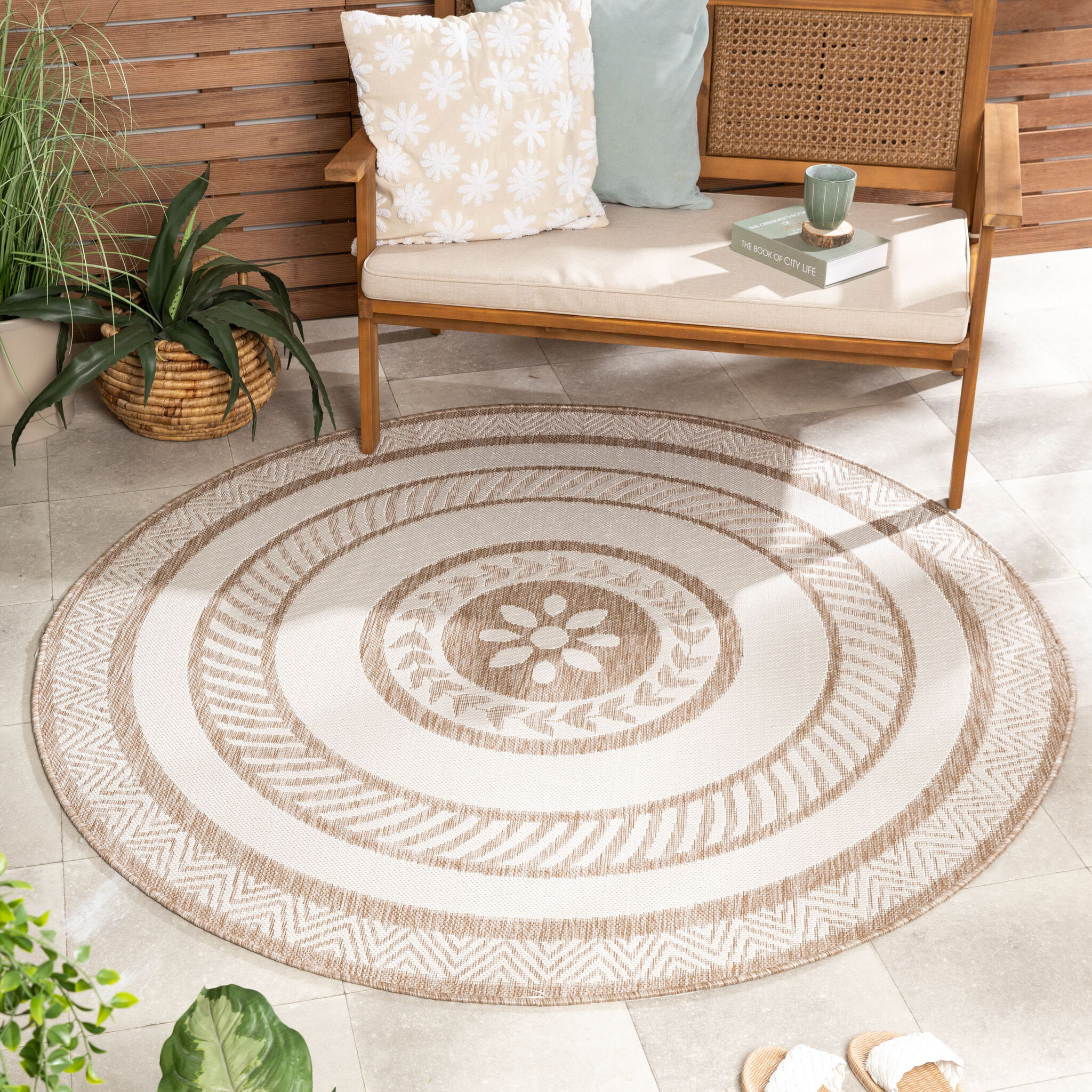 Tapis d’extérieur rond en jute – Nusa Medallion Beige/Crème
