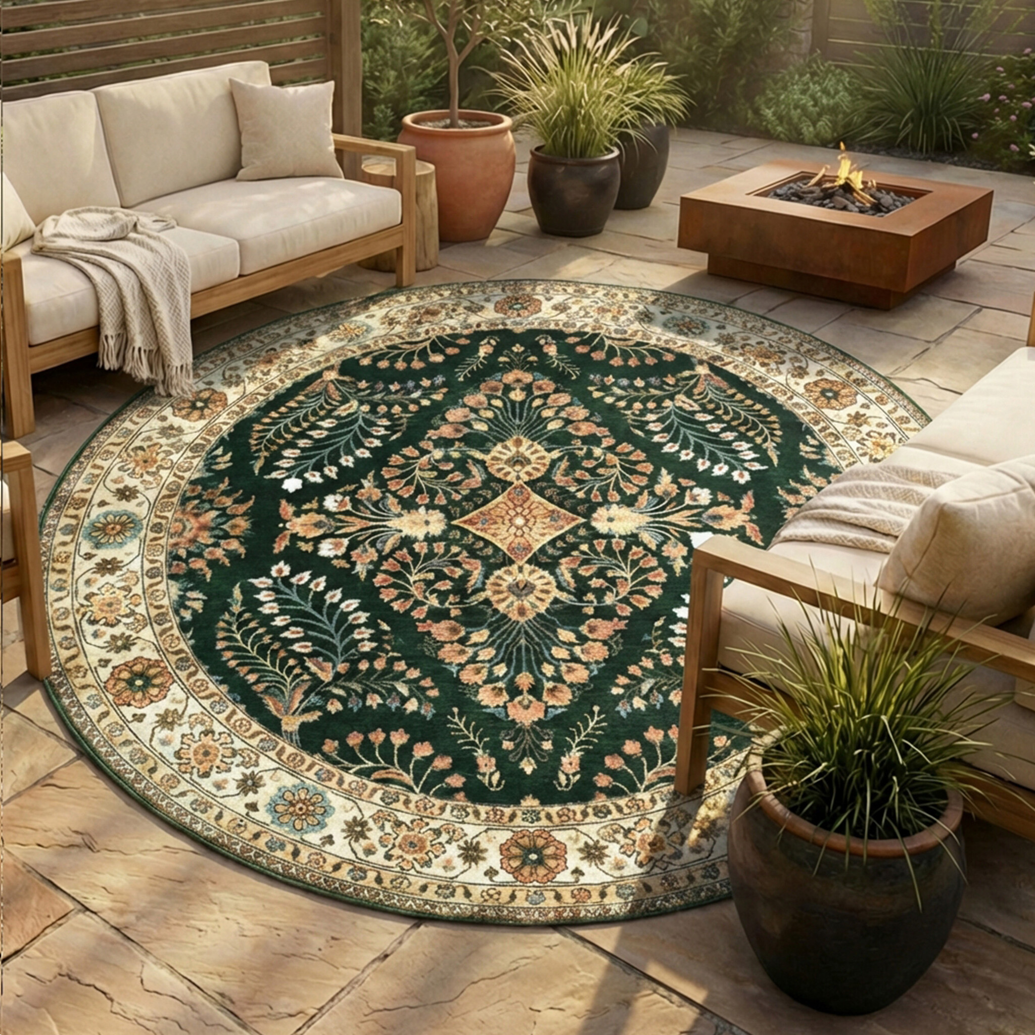 Tapis d'extérieur rond vintage - Santo Flora Vert Foncé
