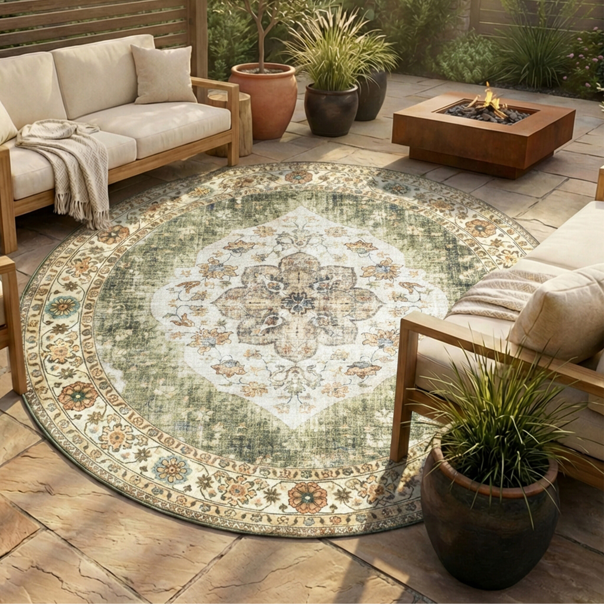 Tapis d'extérieur rond vintage - Santo Mandala Vert