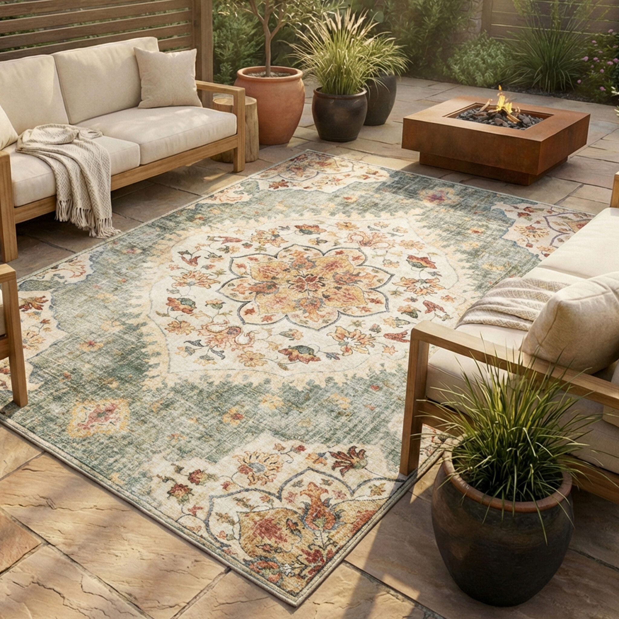 Tapis d'extérieur vintage - Santo Mandala Vert Olive