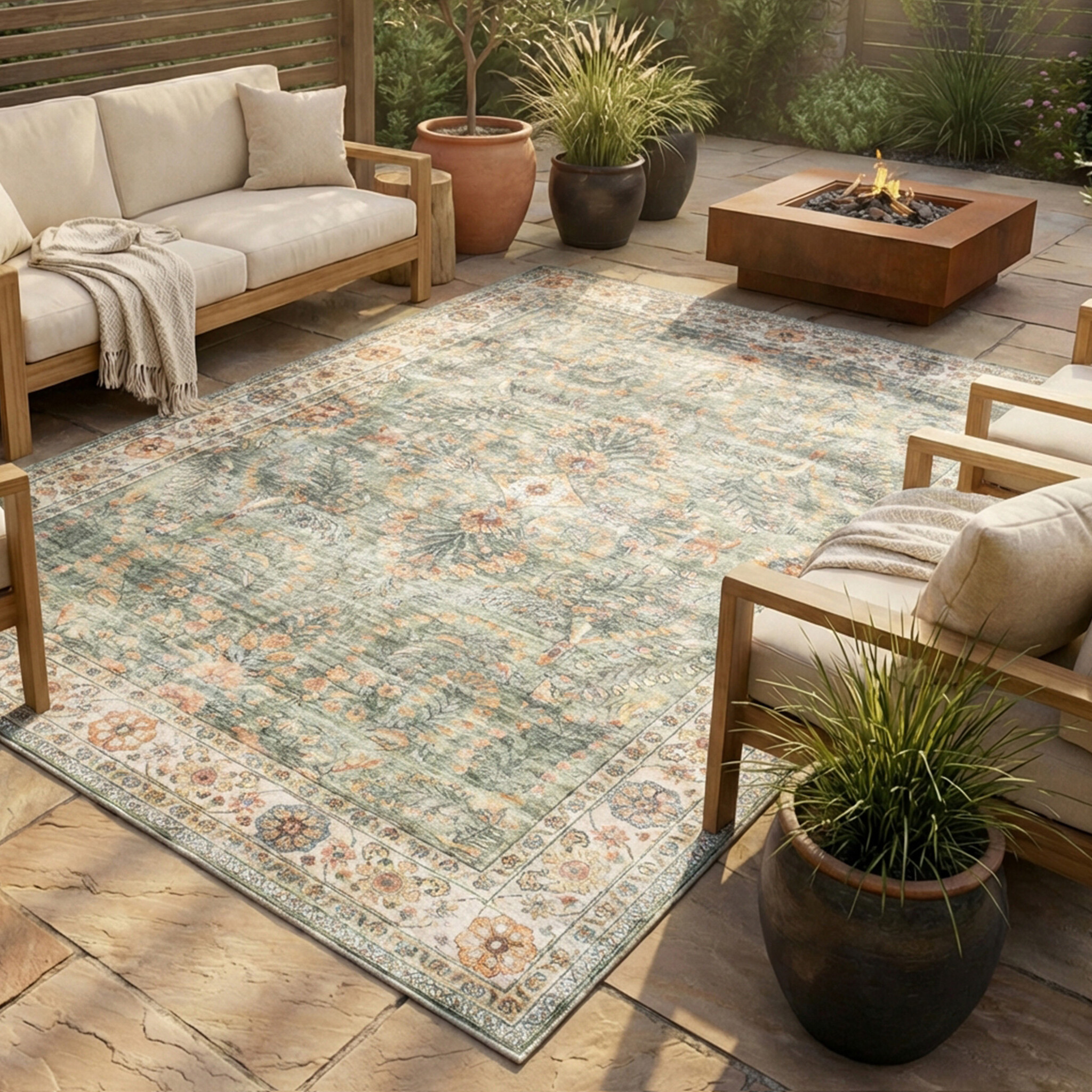 Tapis d'extérieur vintage - Santo Flora Vert Olive