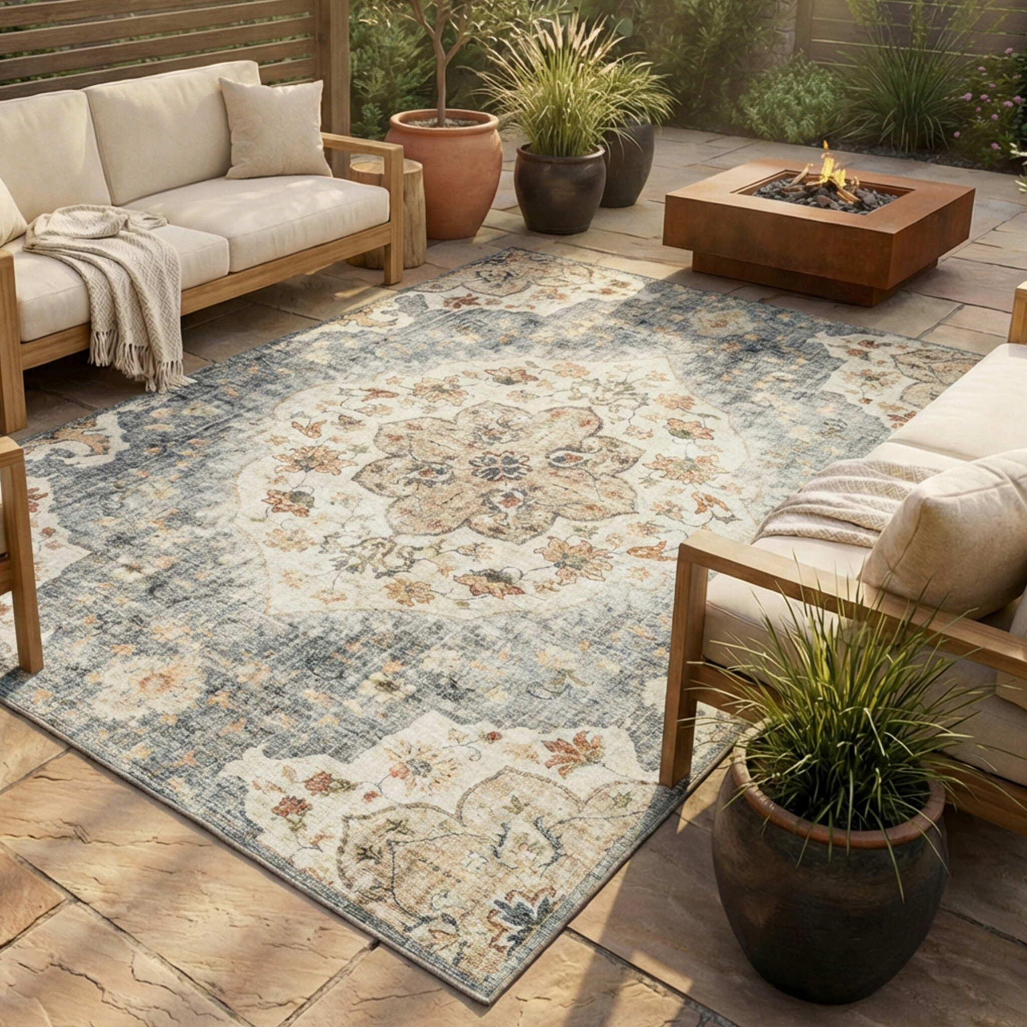 Tapis d'extérieur vintage - Santo Mandala Bleu/Gris